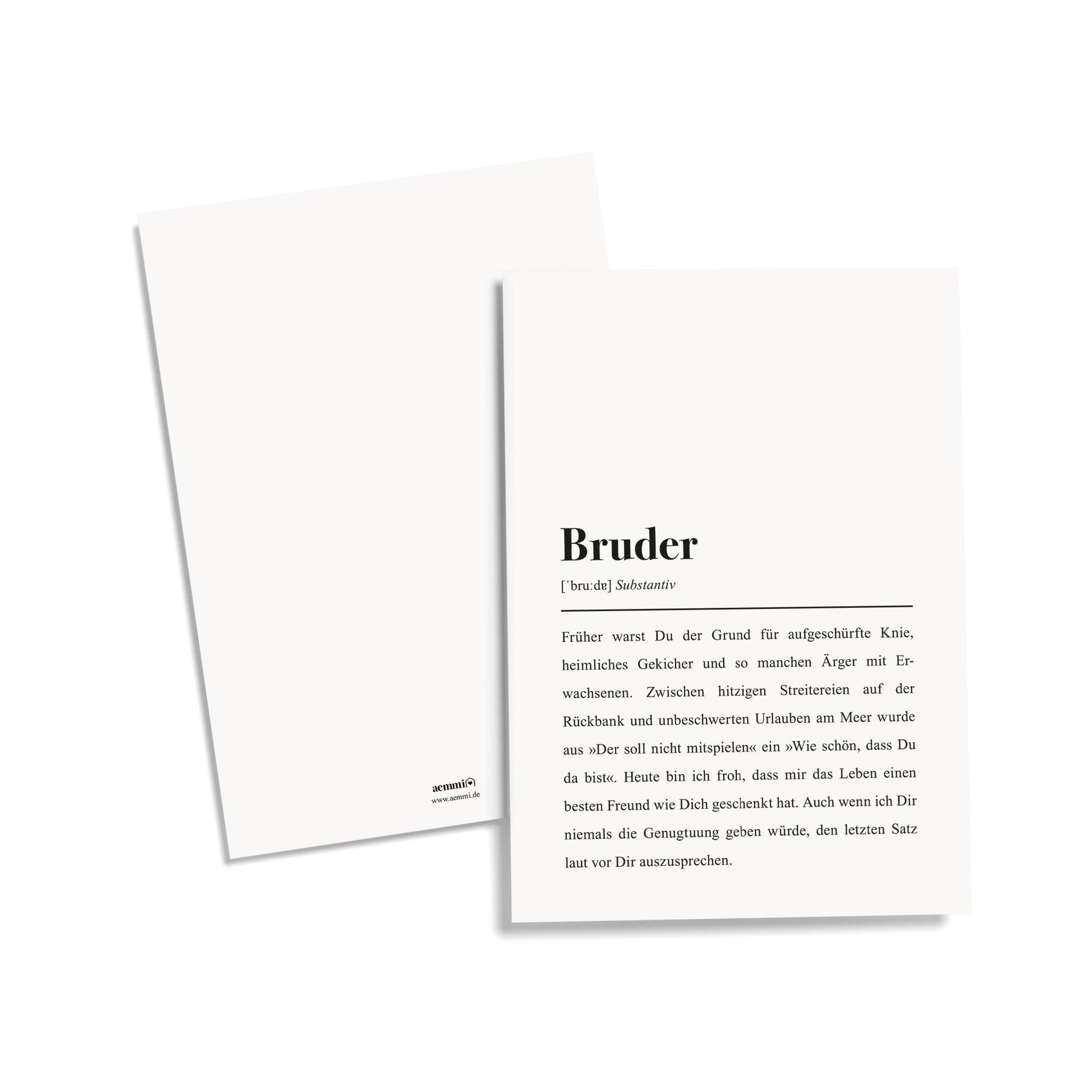 Zwei Karten, eine mit dem Text "Bruder" und einer sentimentalen Botschaft über die Bedeutung eines Bruders im Leben.