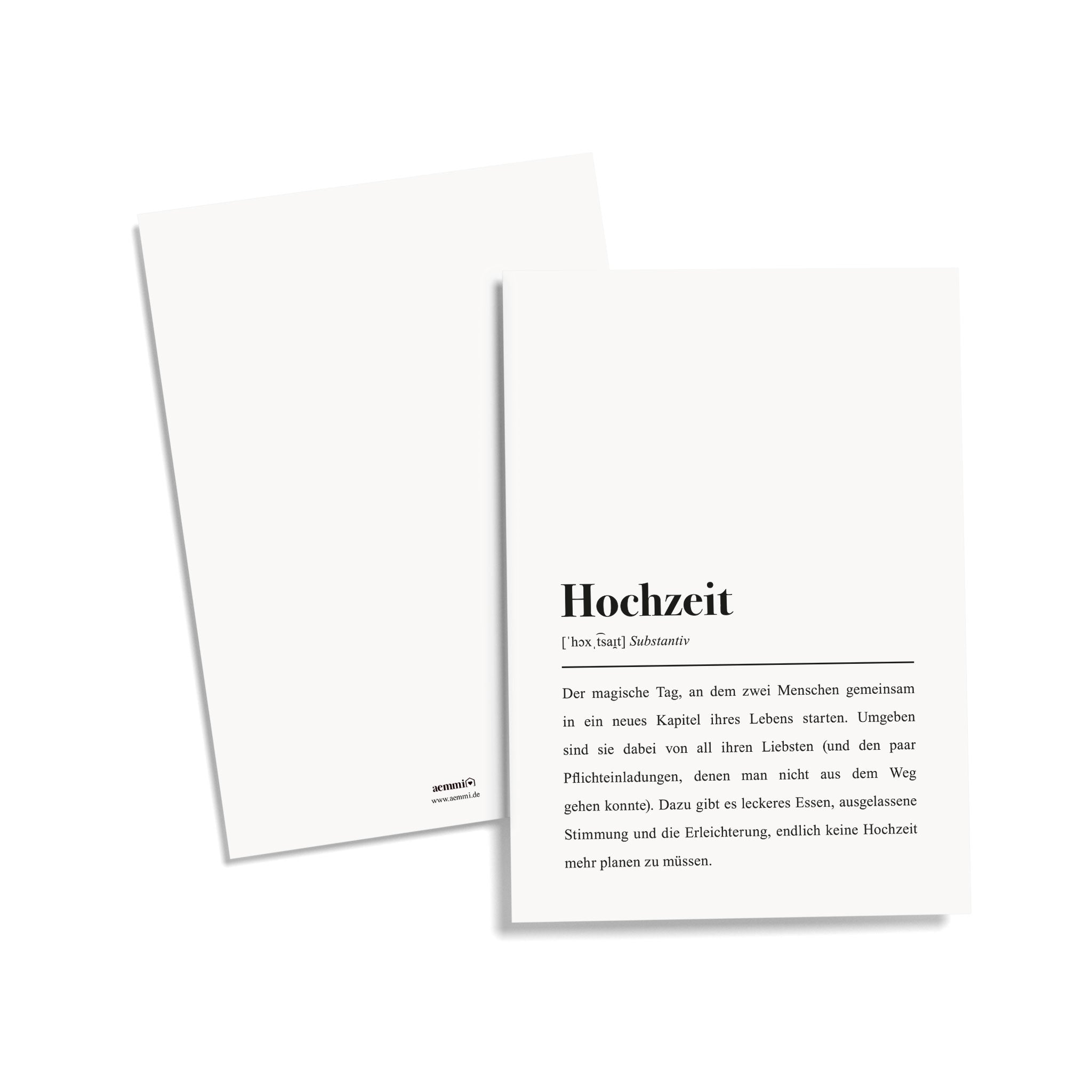 Zwei minimalistische Karten, eine mit dem Wort "Hochzeit" und einer Definition darauf.