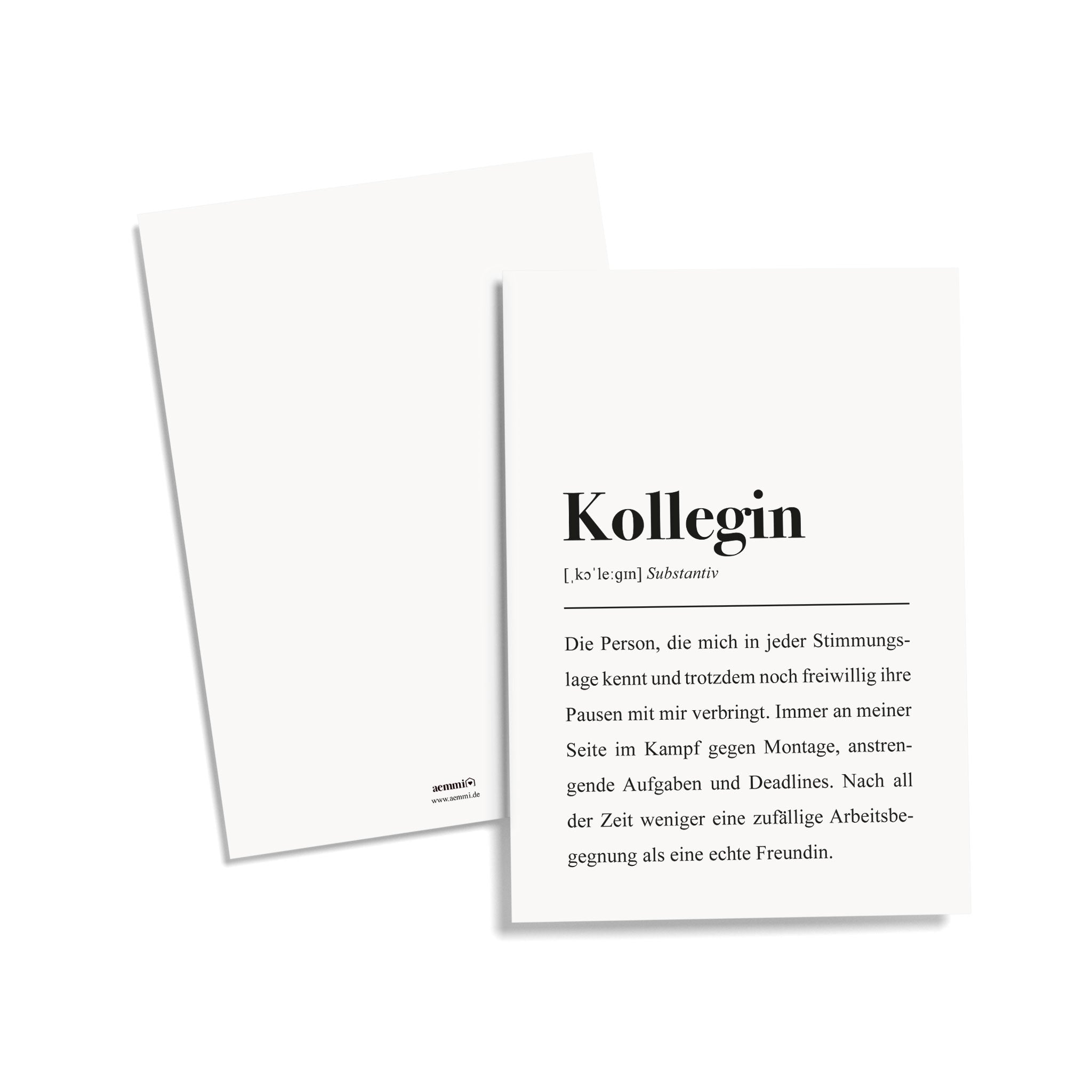 Zwei weiße Grußkarten, eine mit der Definition des Wortes "Kollegin" und der anderen mit einer leeren Rückseite.
