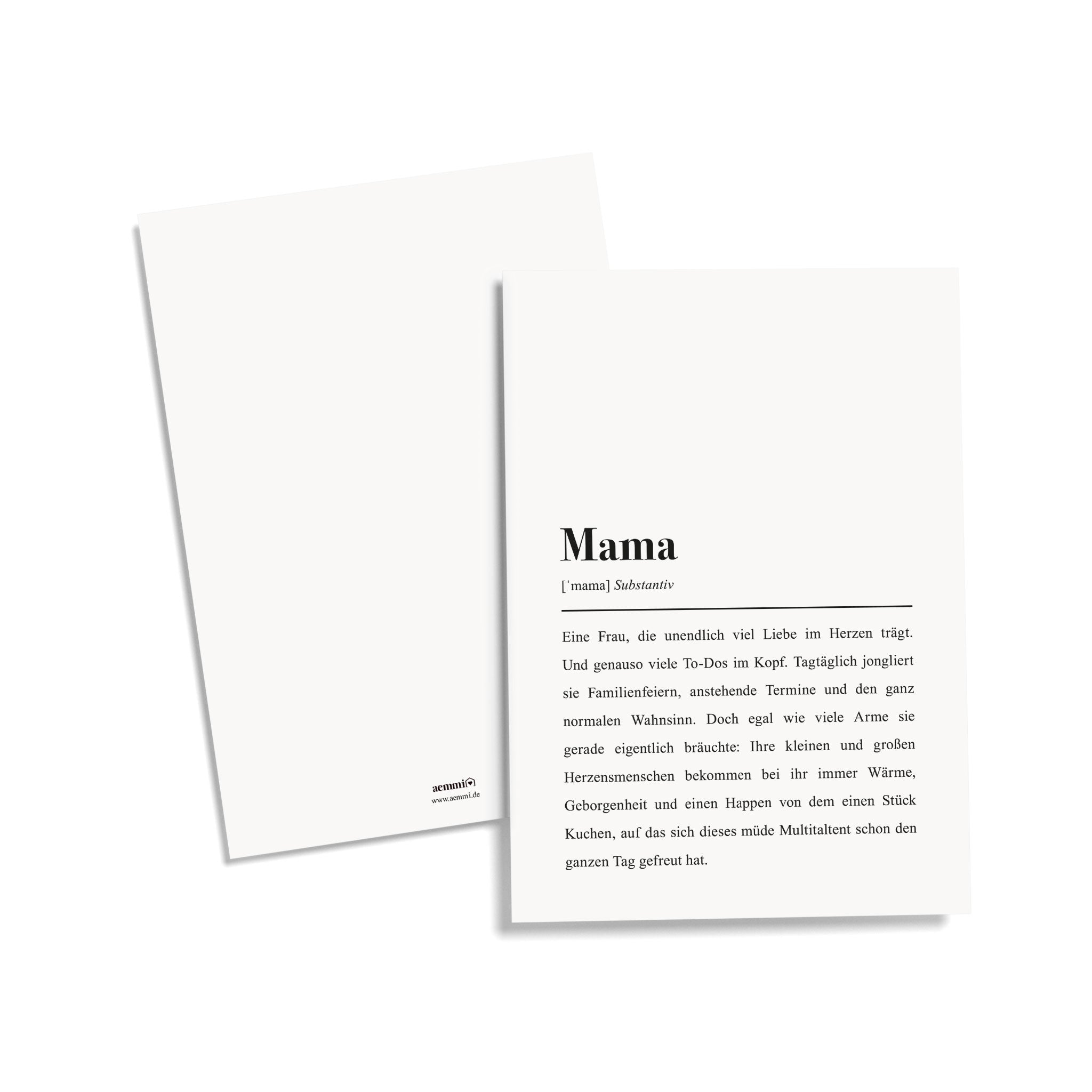 Eine Karte mit der Definition von "Mama" als Substantiv und einem Text über die Rolle und Aufgaben einer Mutter.
