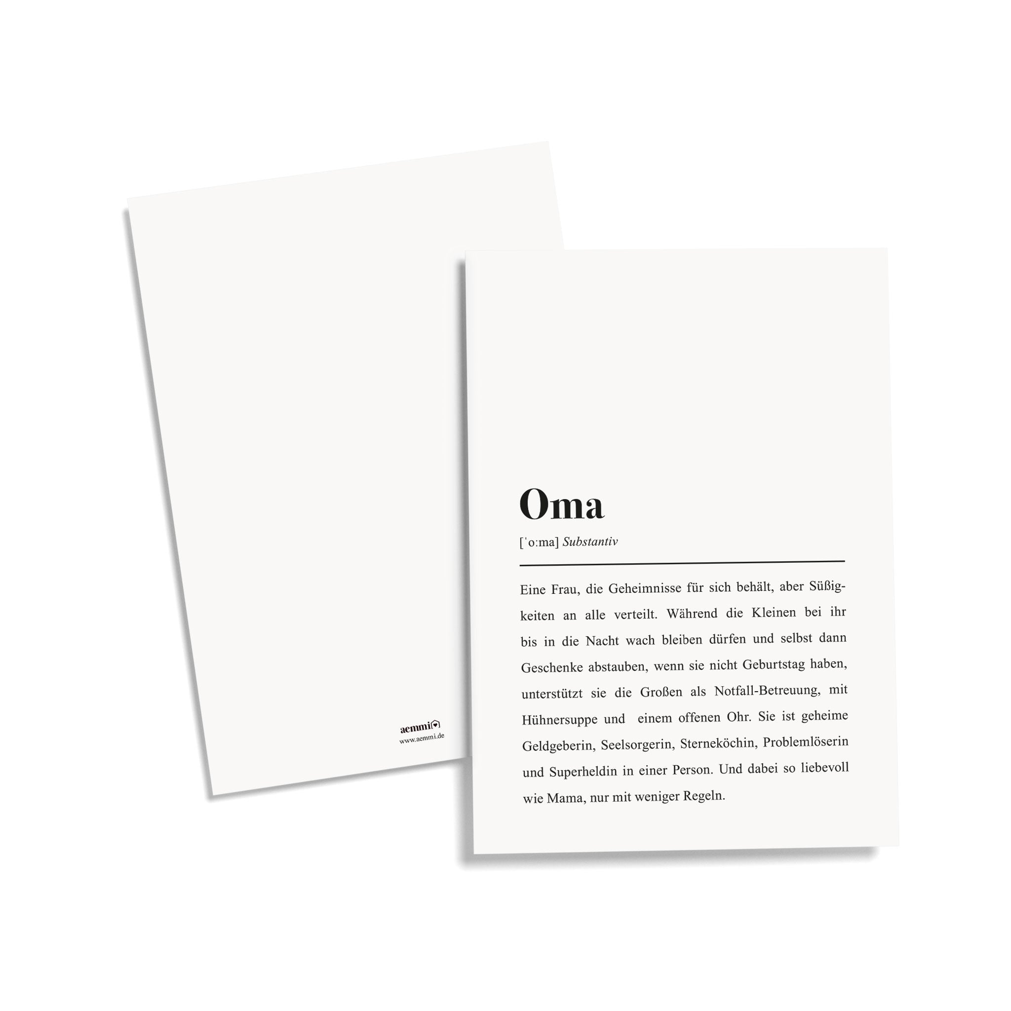 Zwei weiße Karten; eine definiert "Oma" als süße und unterstützende Person mit vielen positiven Eigenschaften.