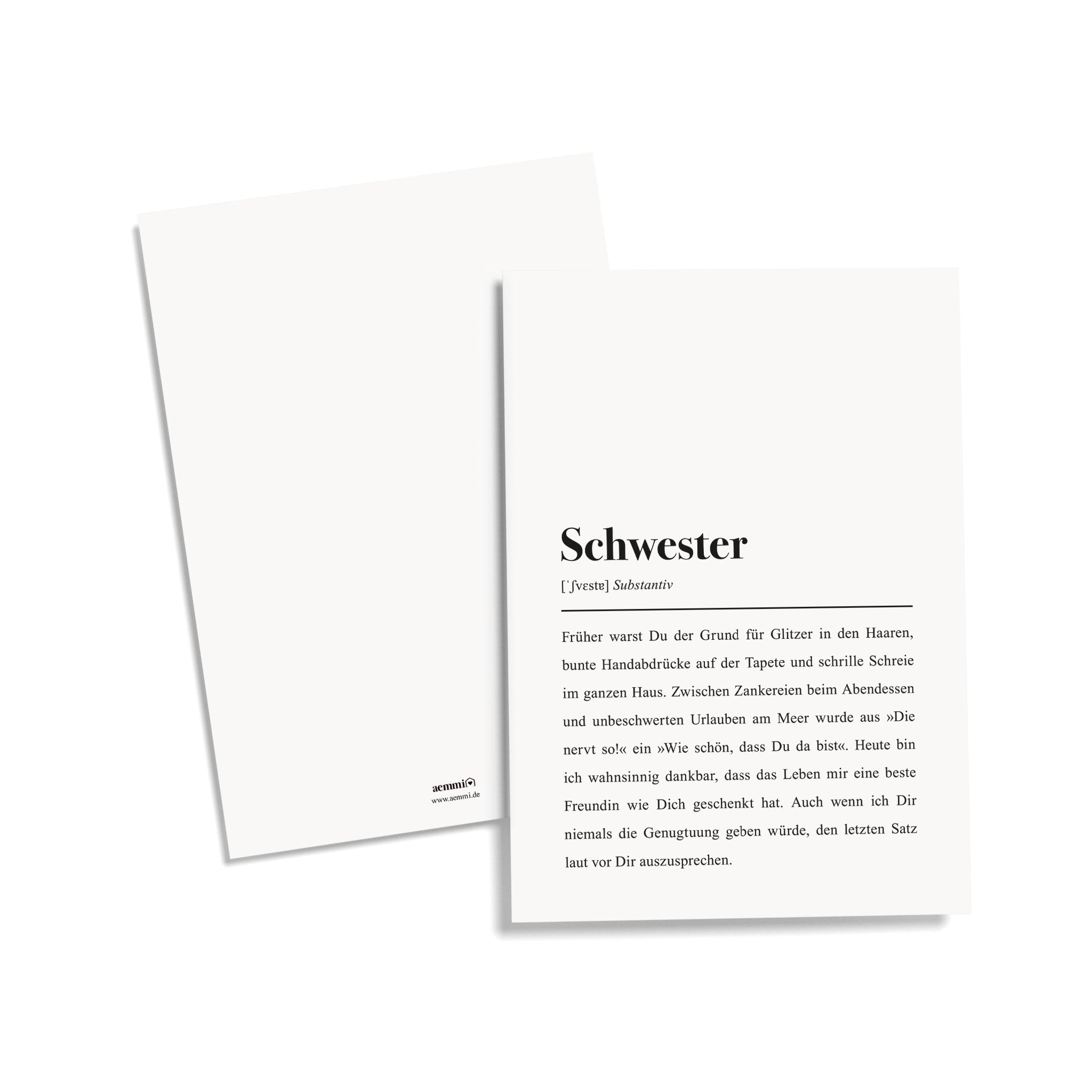 Zwei Karten, eine mit dem Text "Schwester" und einer liebevollen Beschreibung der Beziehung zu einer Schwester.