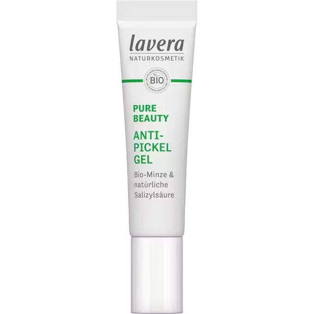 Weiße Tube Lavera Naturkosmetik Pure Beauty Anti-Pickel Gel mit Bio-Minze und natürlicher Salicylsäure.
