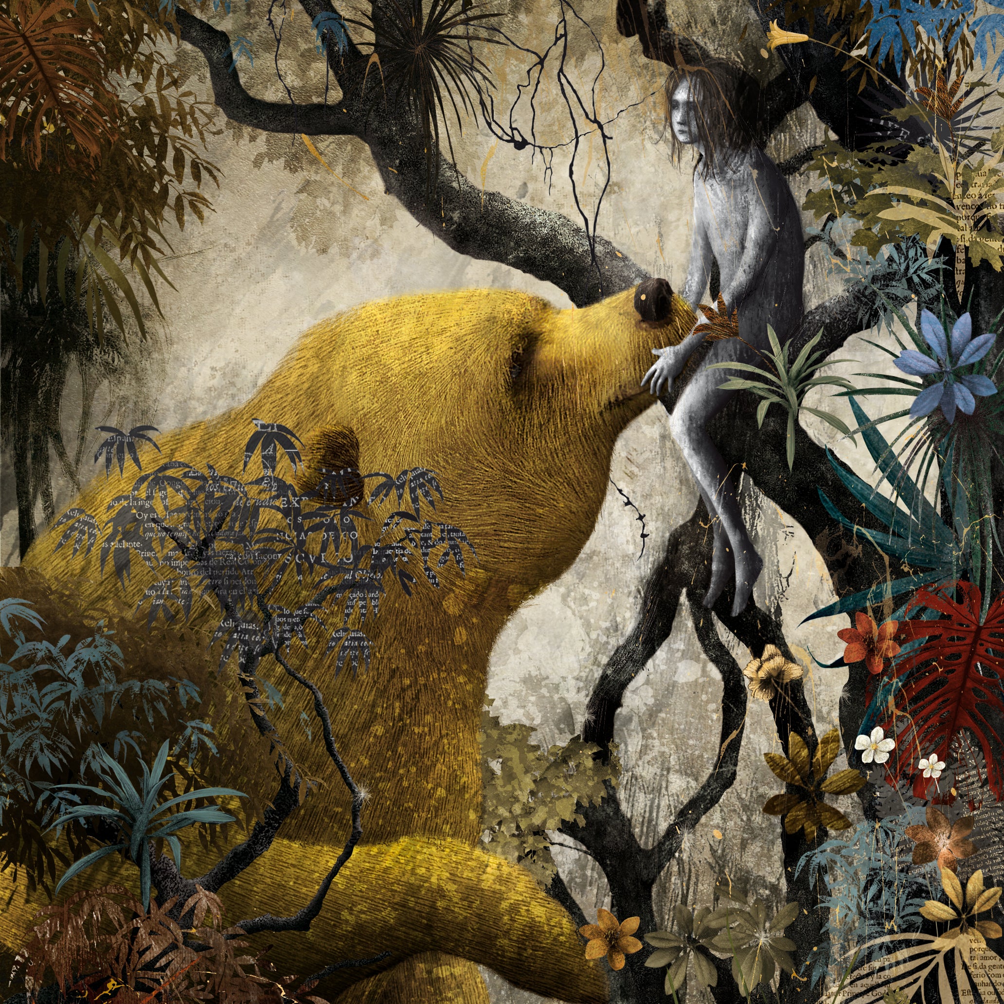 Ein großer goldener Bär berührt sanft die Nasen einer grauhäutigen menschlichen Figur, die in einem Baum sitzt, umgeben von dichtem, buntem Dschungelblatt und Blumen.