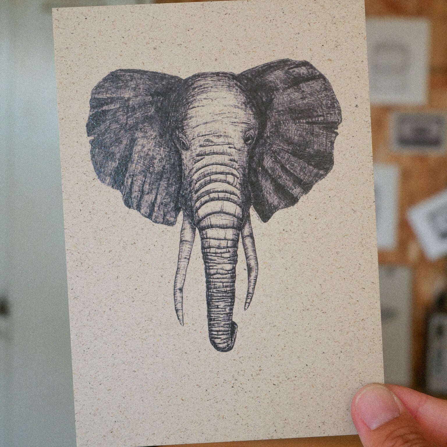 Eine Hand hält eine beigefarbene Karte mit einer detaillierten, schwarzen Tuschezeichnung eines Elefantenkopfes mit großen Ohren und Stoßzähnen vor einem unscharfen Innenhintergrund.