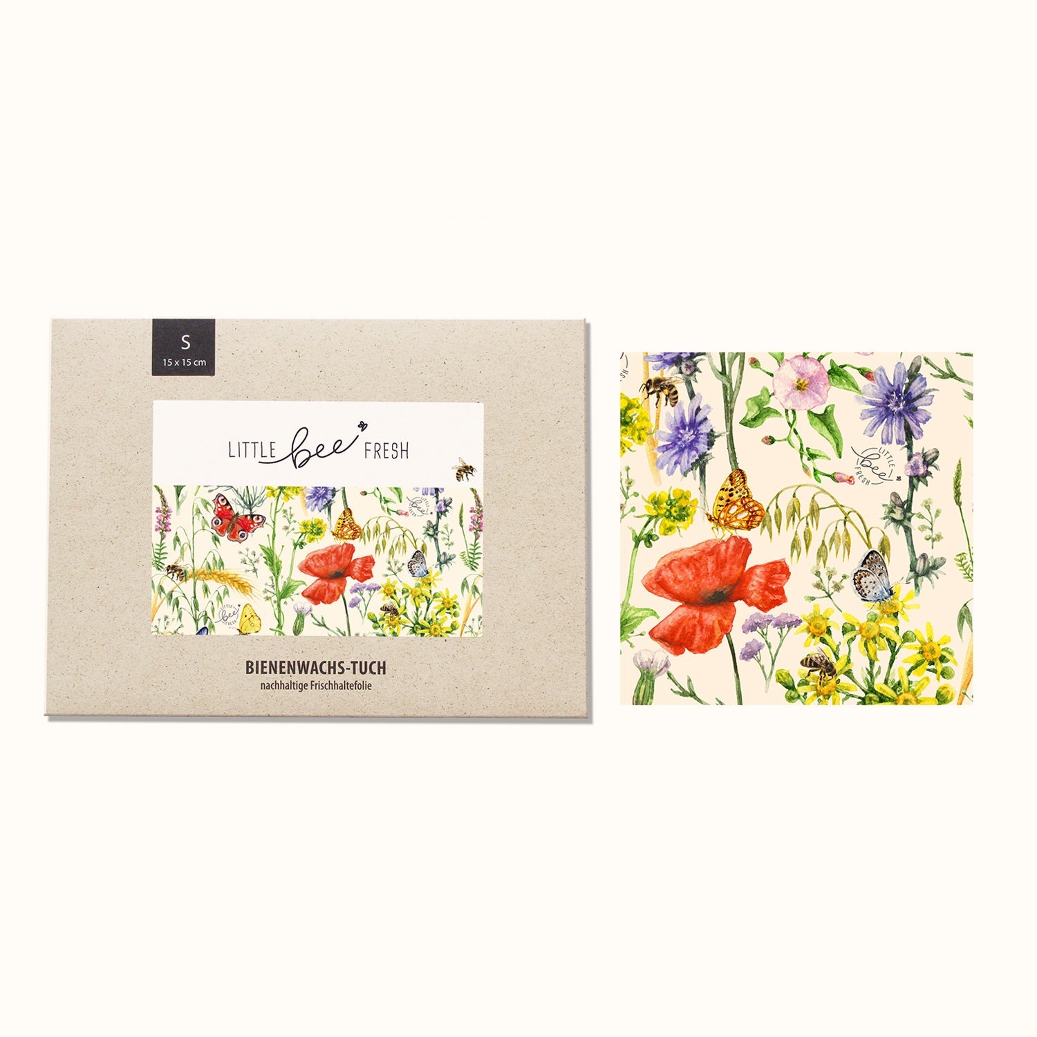 Verpackung eines Bienenwachstuchs mit floralem Muster und Schmetterlingen, daneben das Tuch mit gleichem Design.