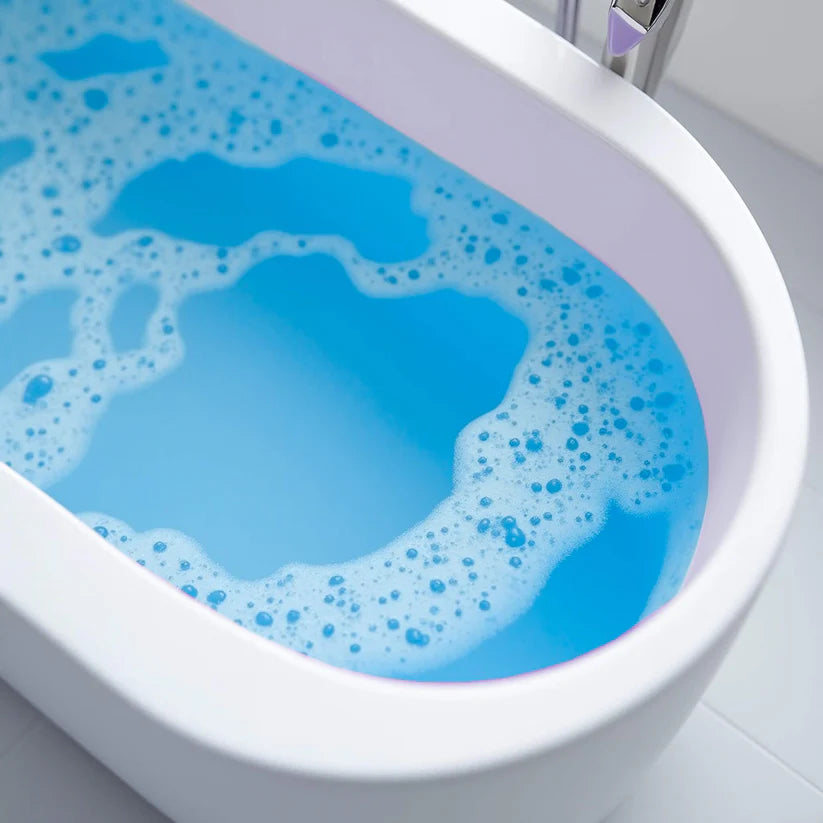 Eine weiße Badewanne, gefüllt mit blauem Wasser und weißen Schaumblasen, von oben in einem hellen Badezimmer gezeigt.