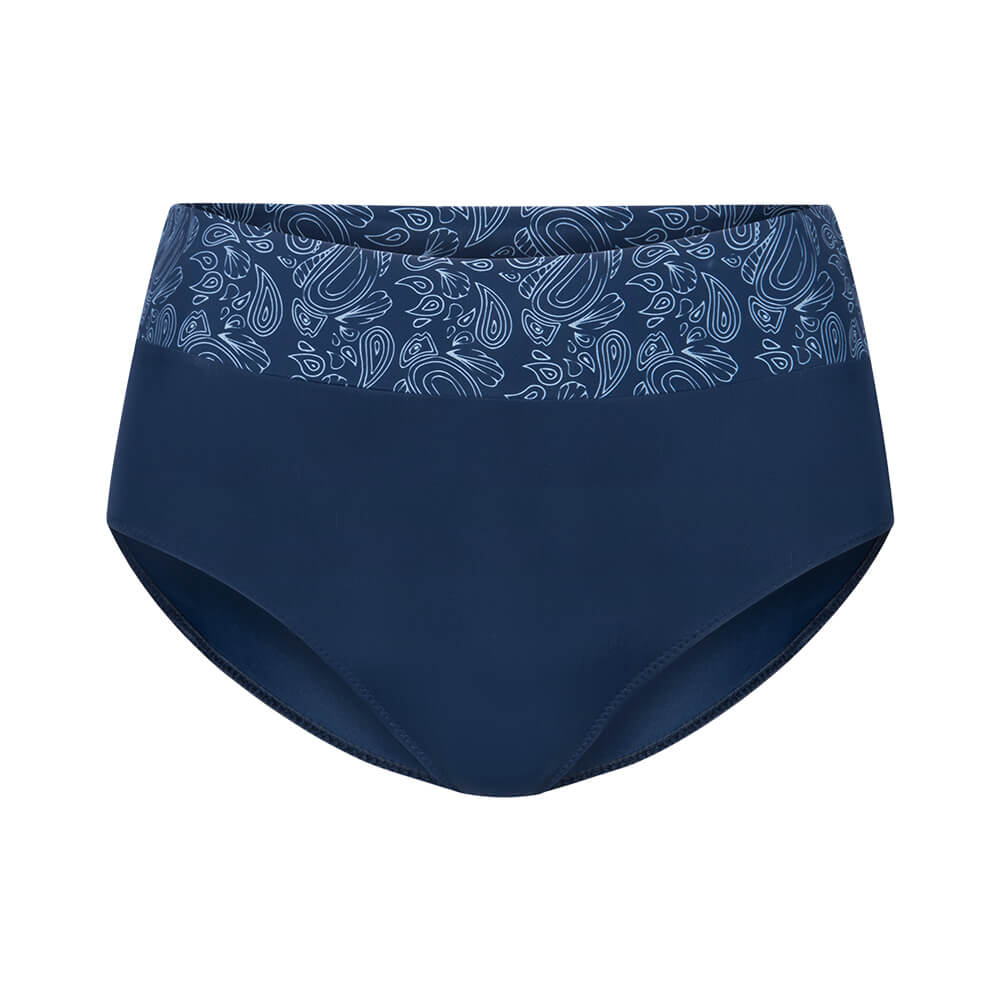 Dunkelblaue Bikinihose mit einem Muster aus hellblauen Paisley-Designs am oberen Bund.