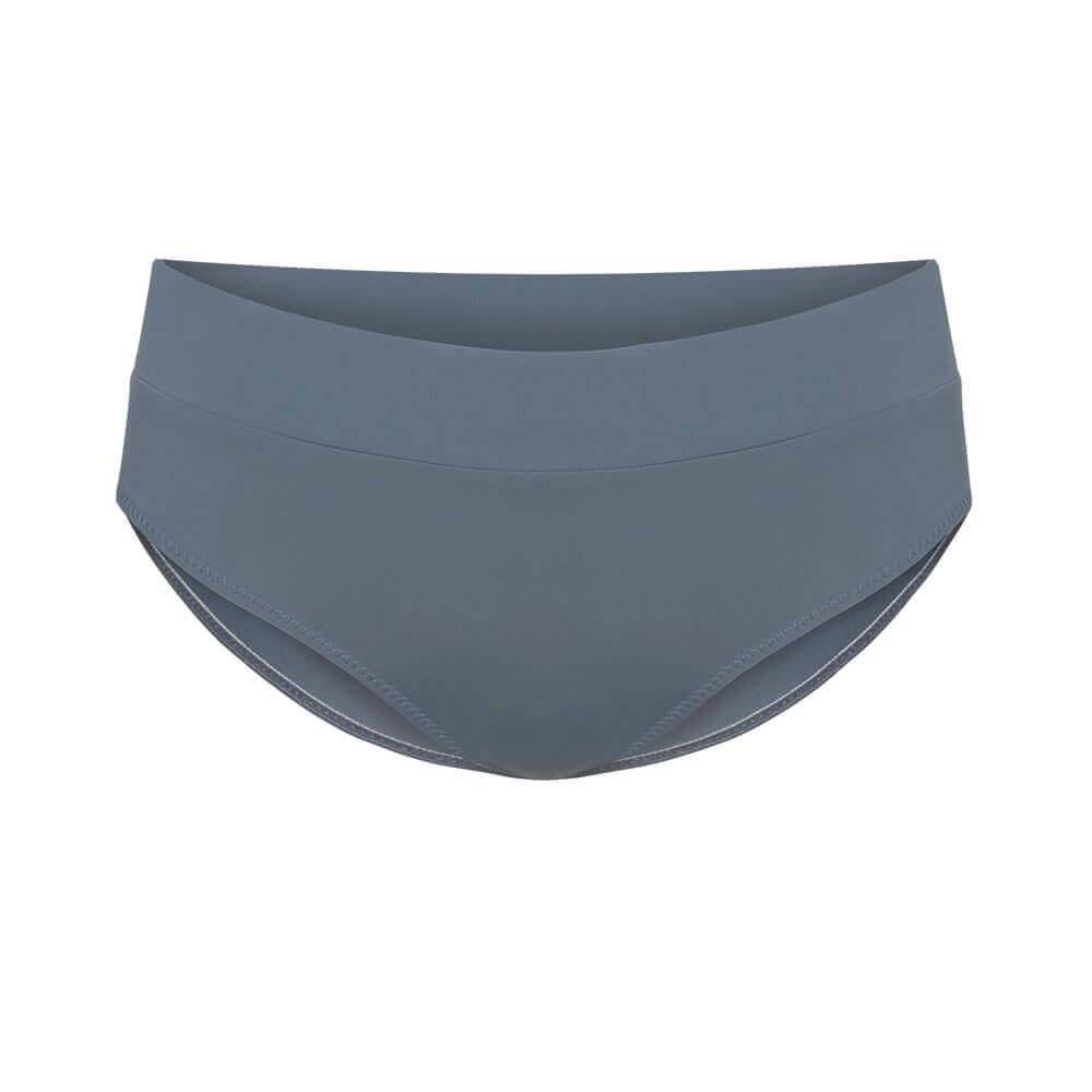 Grauer Bikini-Unterteil mit breitem Bund vor weißem Hintergrund.