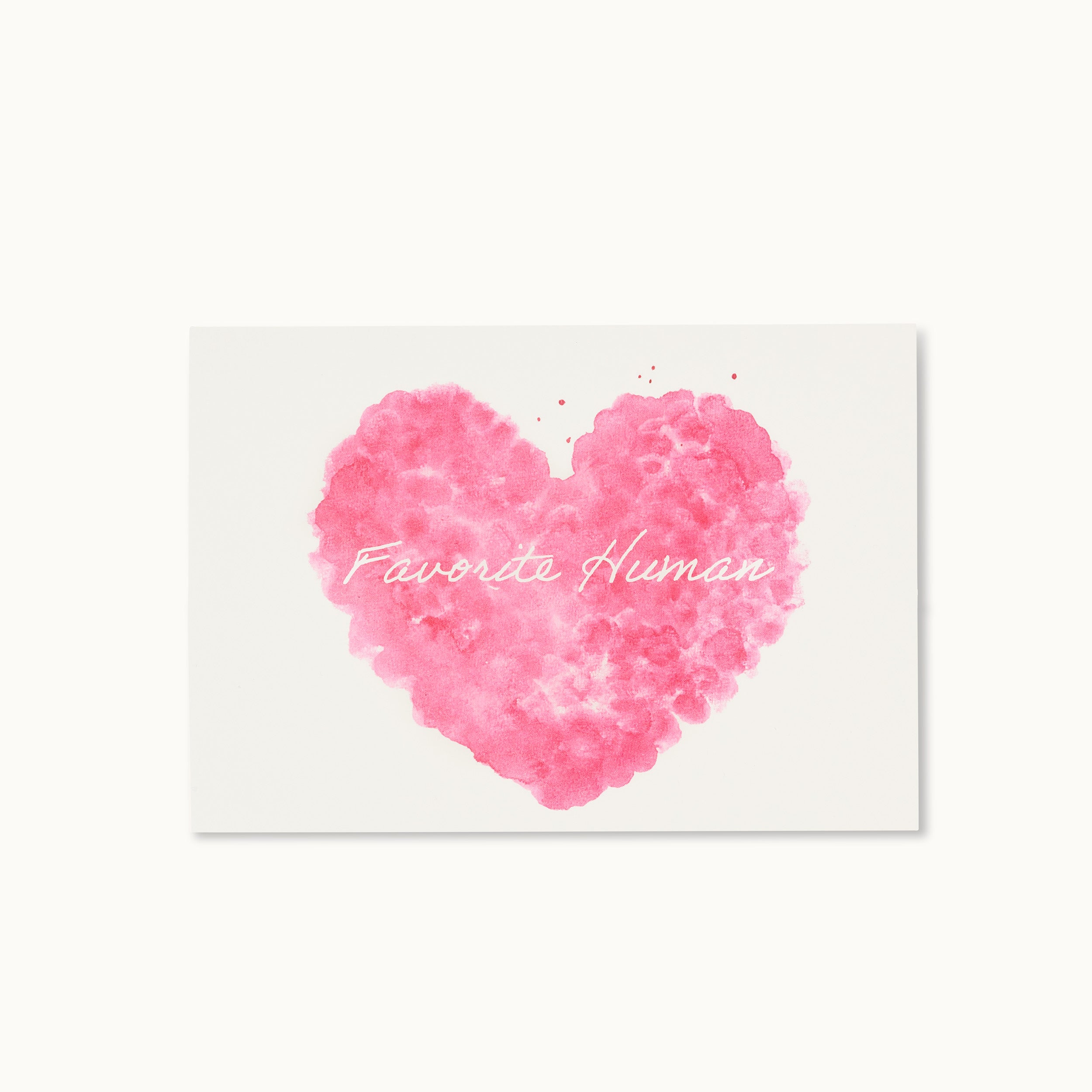 Rosa Aquarellherz auf weißem Hintergrund mit dem Schriftzug "Favorite Human" in der Mitte.
