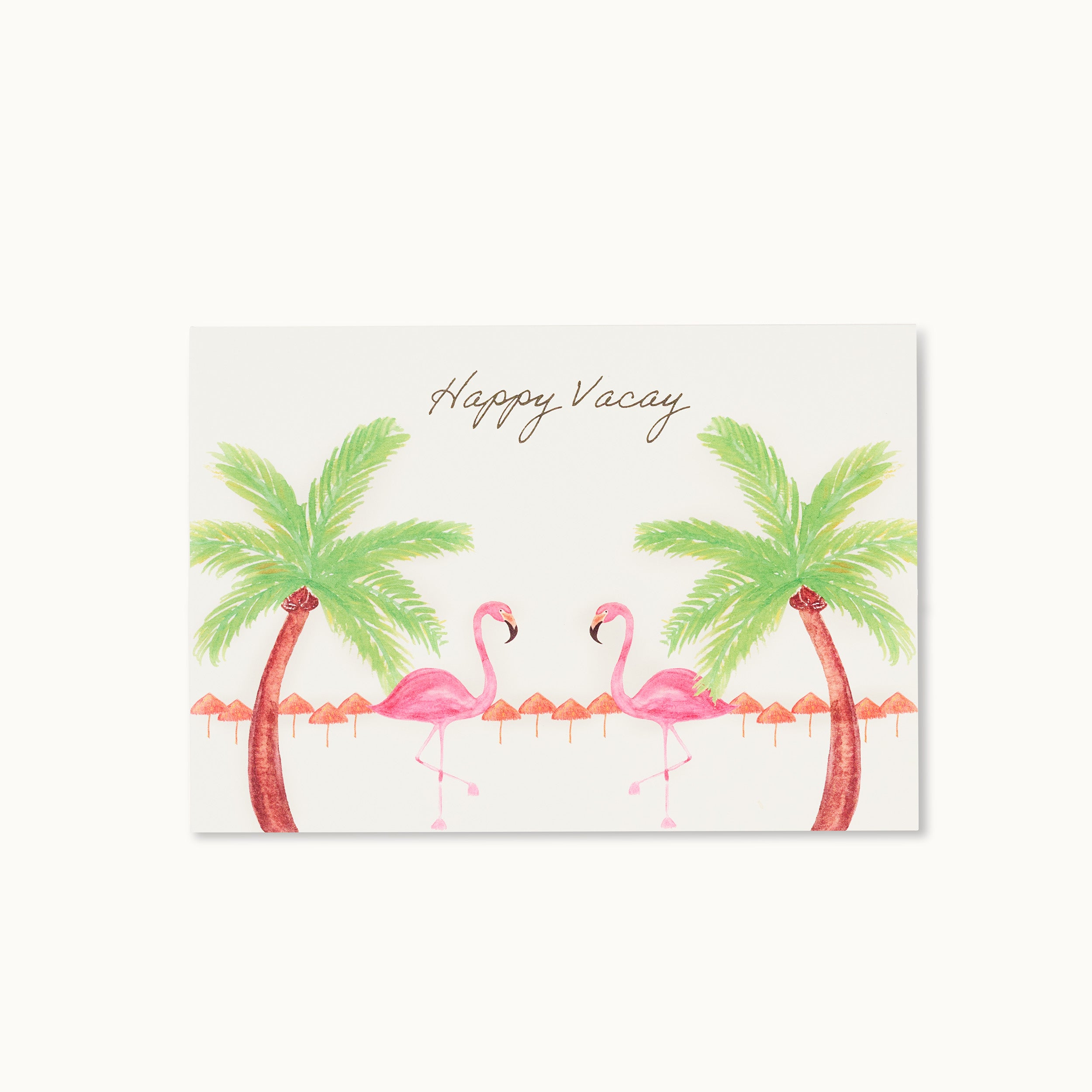 Zwei Flamingos und Palmen auf einer Postkarte mit der Aufschrift "Happy Vacay".