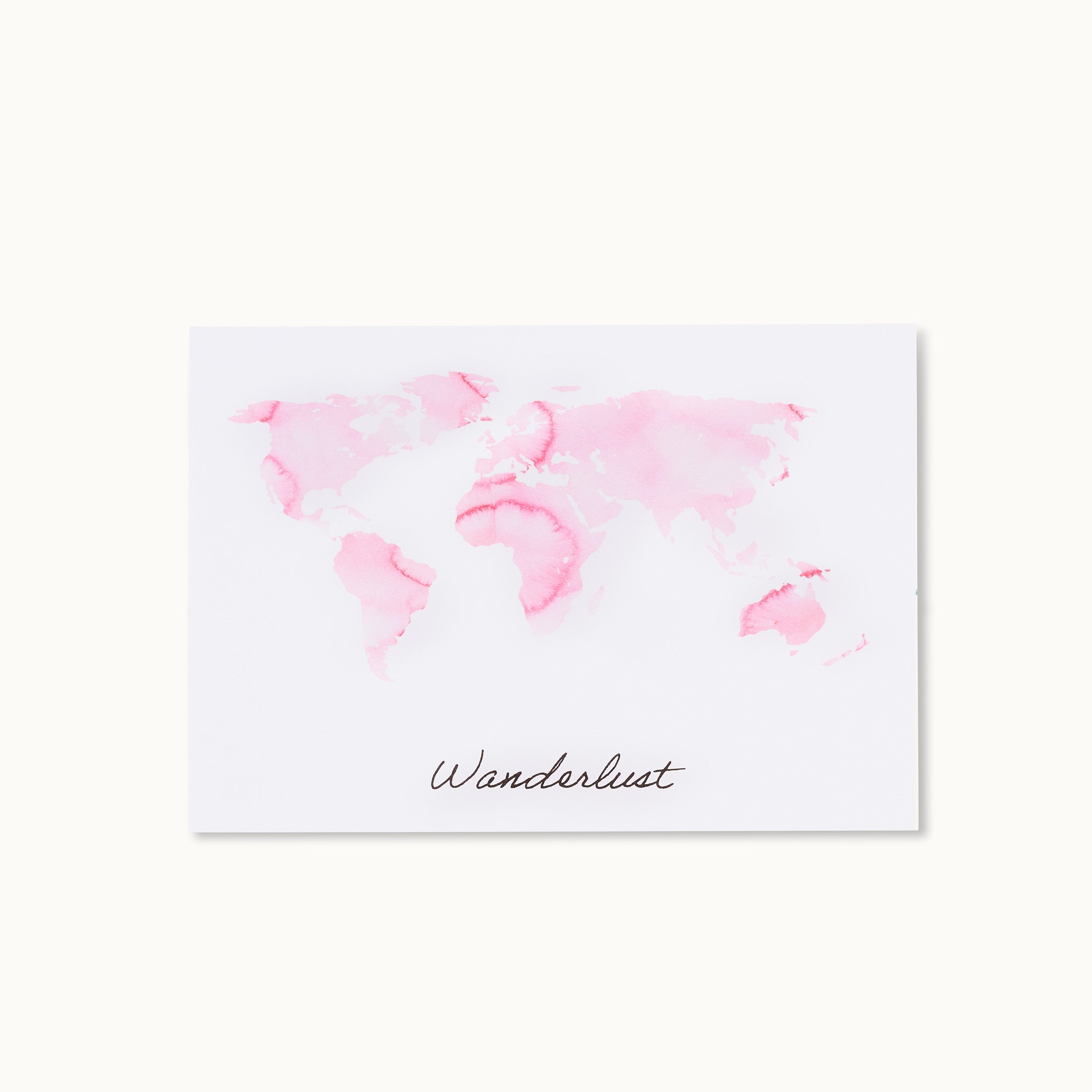 Aquarell-Weltkarte in Rosa mit der Aufschrift "Wanderlust" darunter auf weißem Hintergrund.