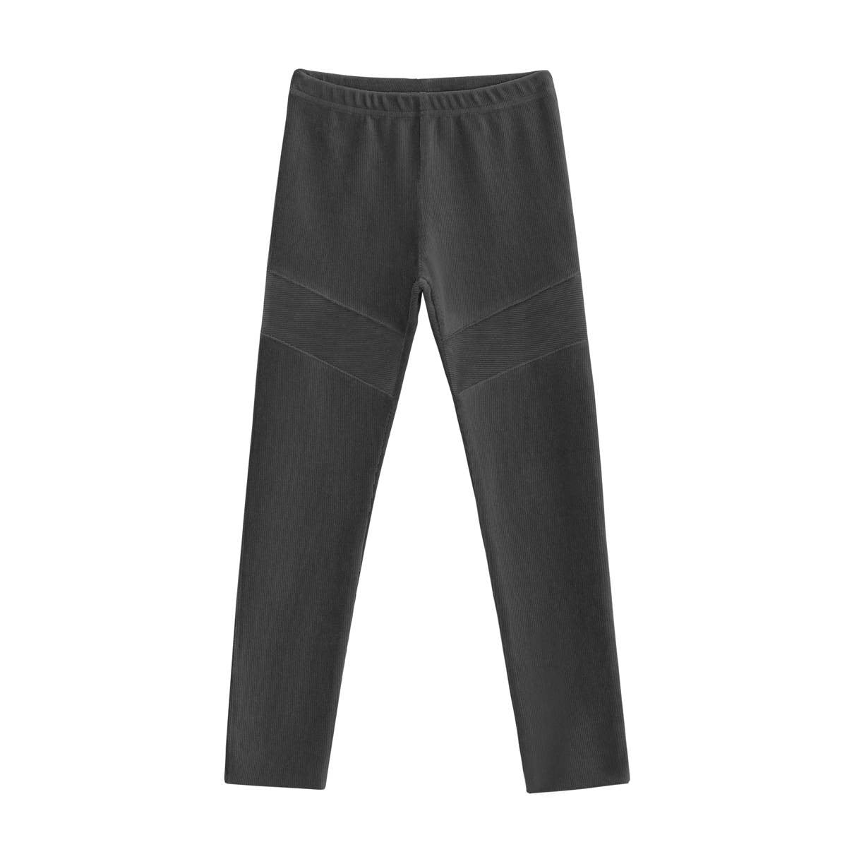 Ein Paar schwarze Leggings mit elastischem Bund und diagonalen Nähten an den Oberschenkeln, flach auf weißem Grund.