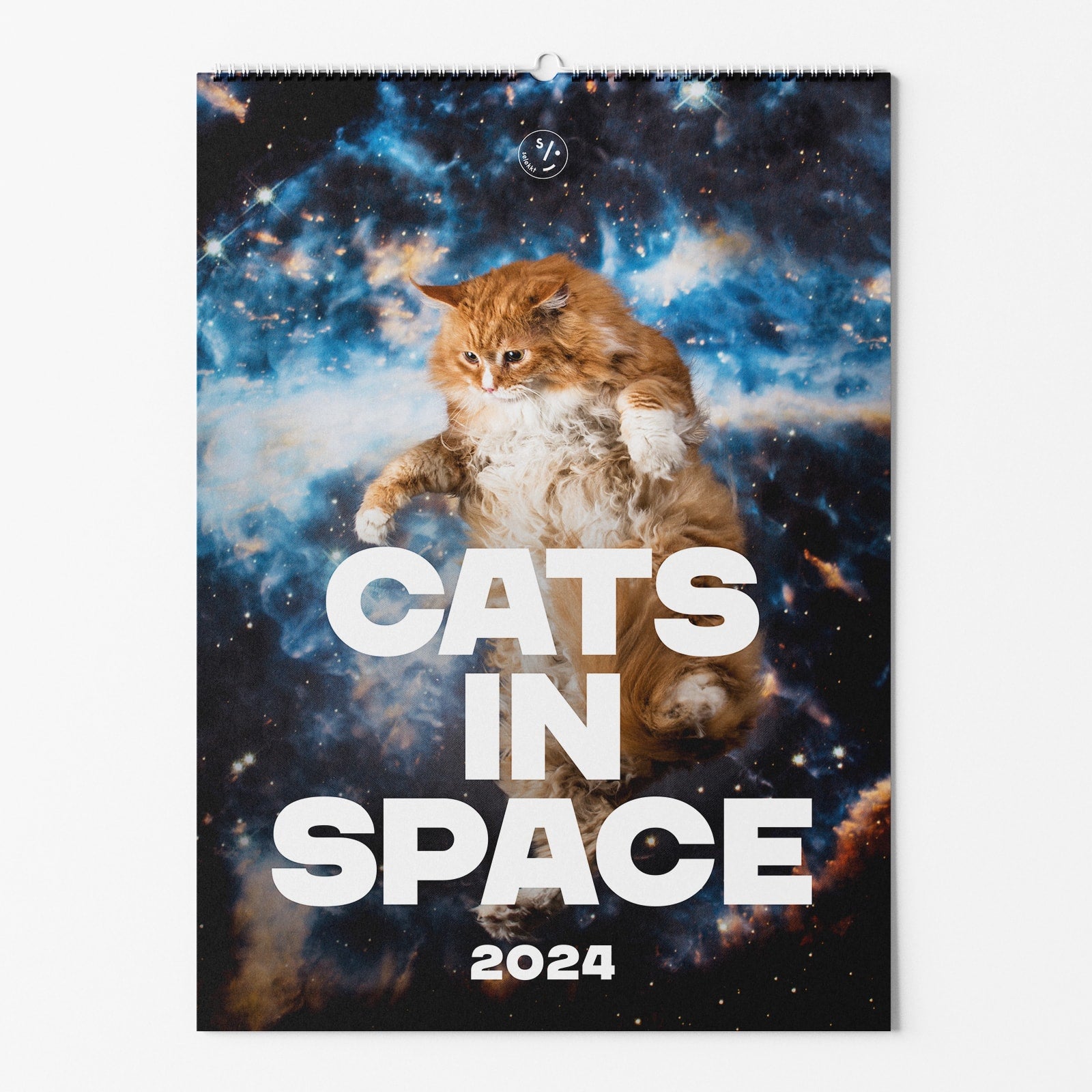 Plakat eines 2024-Kalenders mit einer fliegenden Katze im Weltraum und dem Text "CATS IN SPACE".
