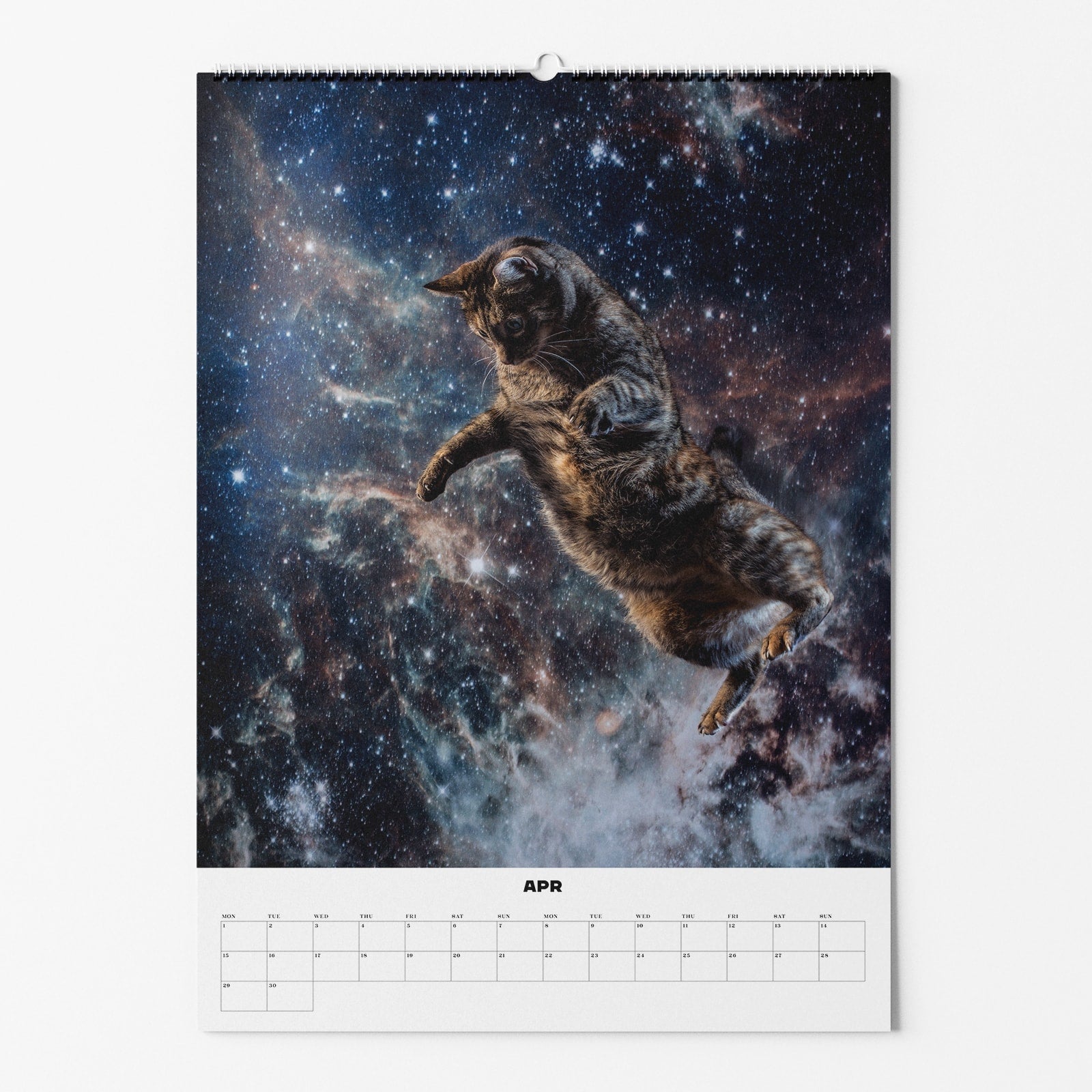 Katze schwebt im Weltraum auf einem Kalenderblatt für den Monat April, umgeben von Sternen und Galaxien.