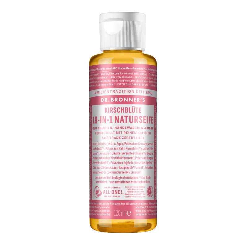 Gelbe Flasche Dr. Bronner's Kirschblüte 18-in-1 Naturseife mit rosa Etikett und weißem Verschluss, 120ml.