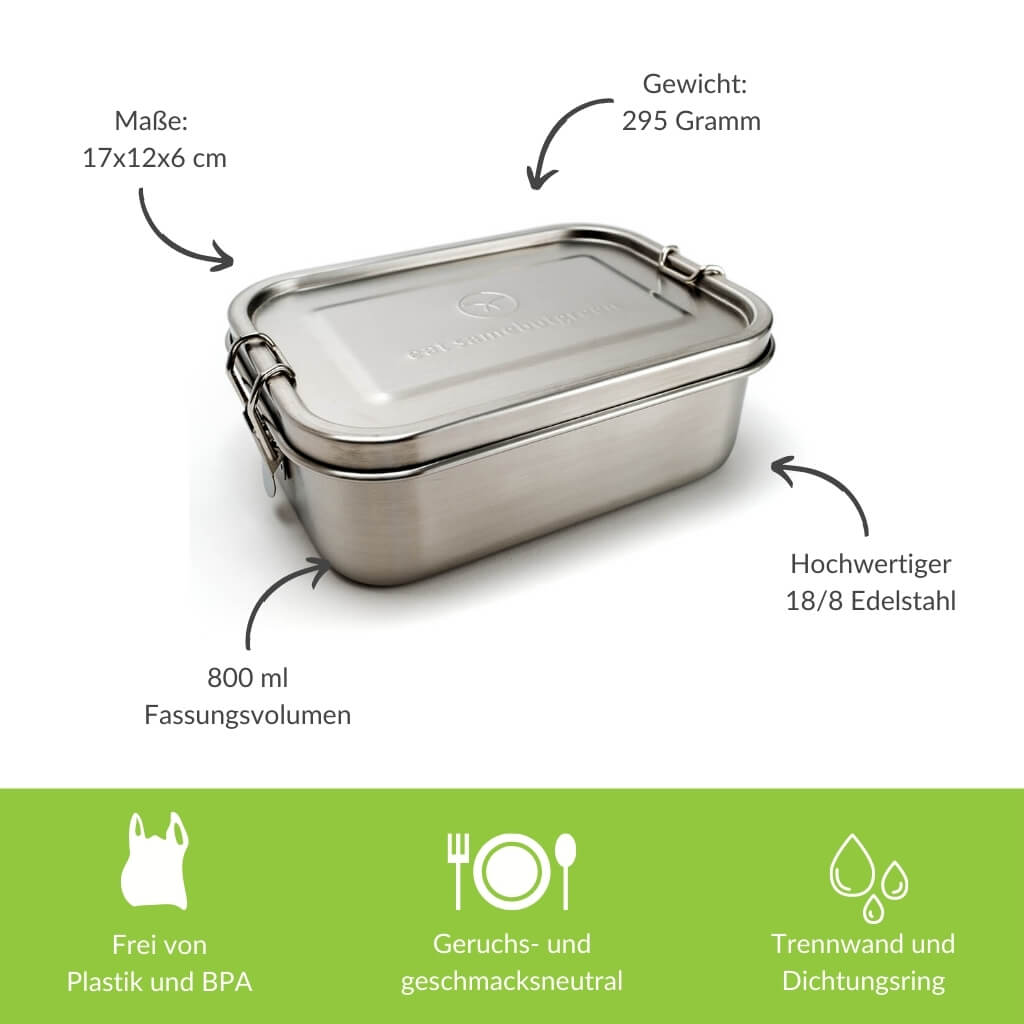 Edelstahl-Lunchbox mit 800 ml Volumen, 295 g Gewicht, 17x12x6 cm, frei von BPA und Plastik, geruchsneutral.