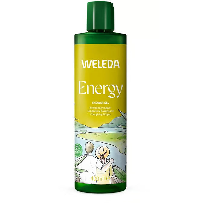 Eine grüne Flasche Weleda Energy Shower Gel mit einer Illustration von zwei Personen, die draußen in der Natur sitzen. Auf dem Etikett steht der Duft Energising Ginger und die Flaschengröße ist 400 ml.