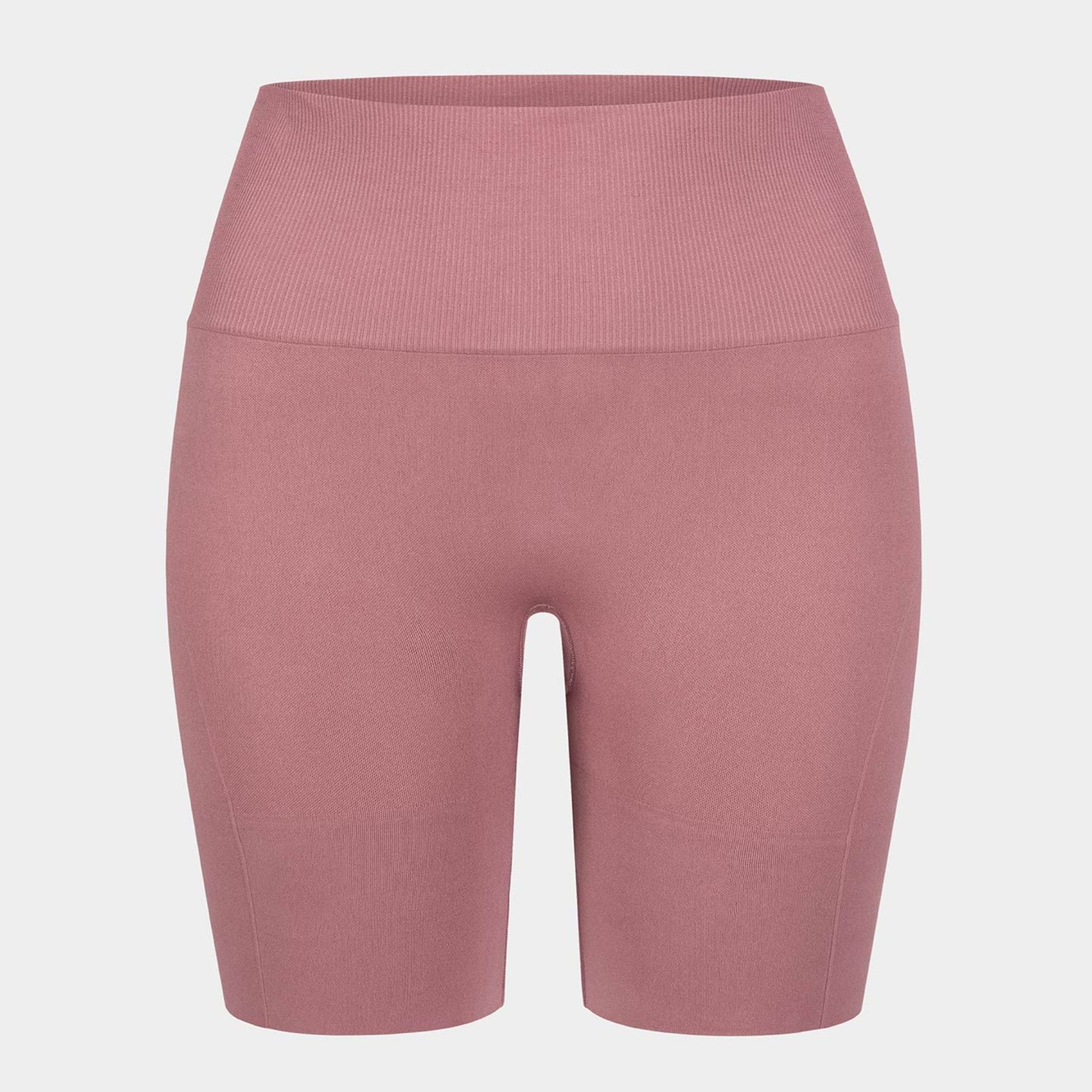 Rosa, hoch taillierte Radlerhose mit geripptem Bund vor weißem Hintergrund.