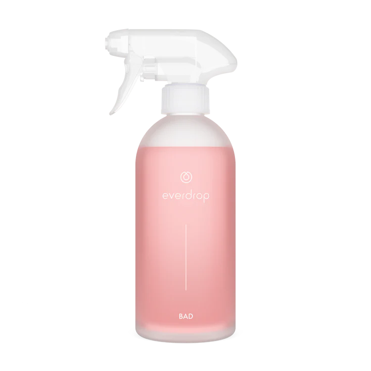 ROSENICE-Sprühflasche mit rosa Flüssigkeit und der Aufschrift "everdrop" für Badezimmerreinigung.