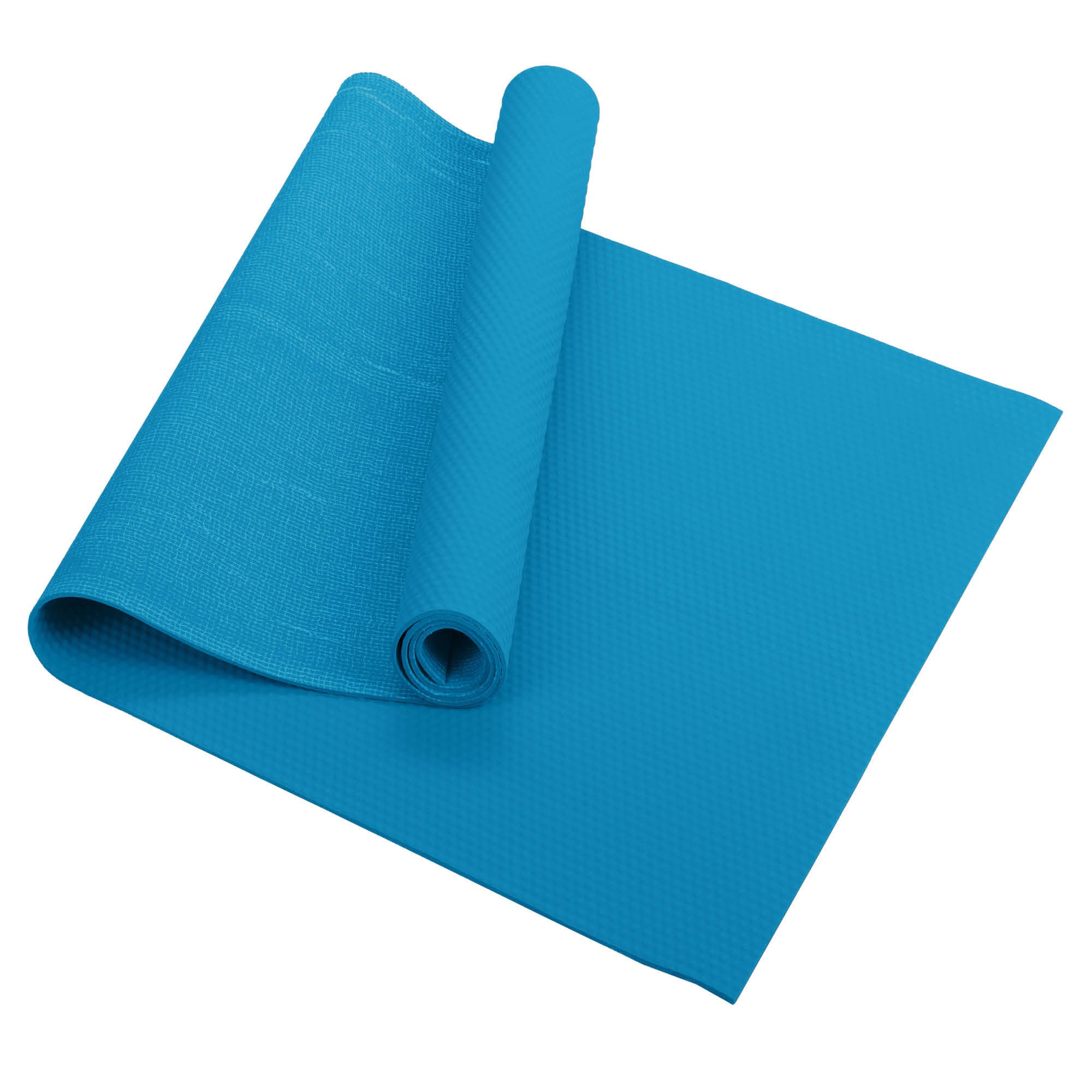 Eine teilweise ausgerollte hellblaue Yogamatte mit einer strukturierten Oberfläche auf einem weißen Hintergrund.