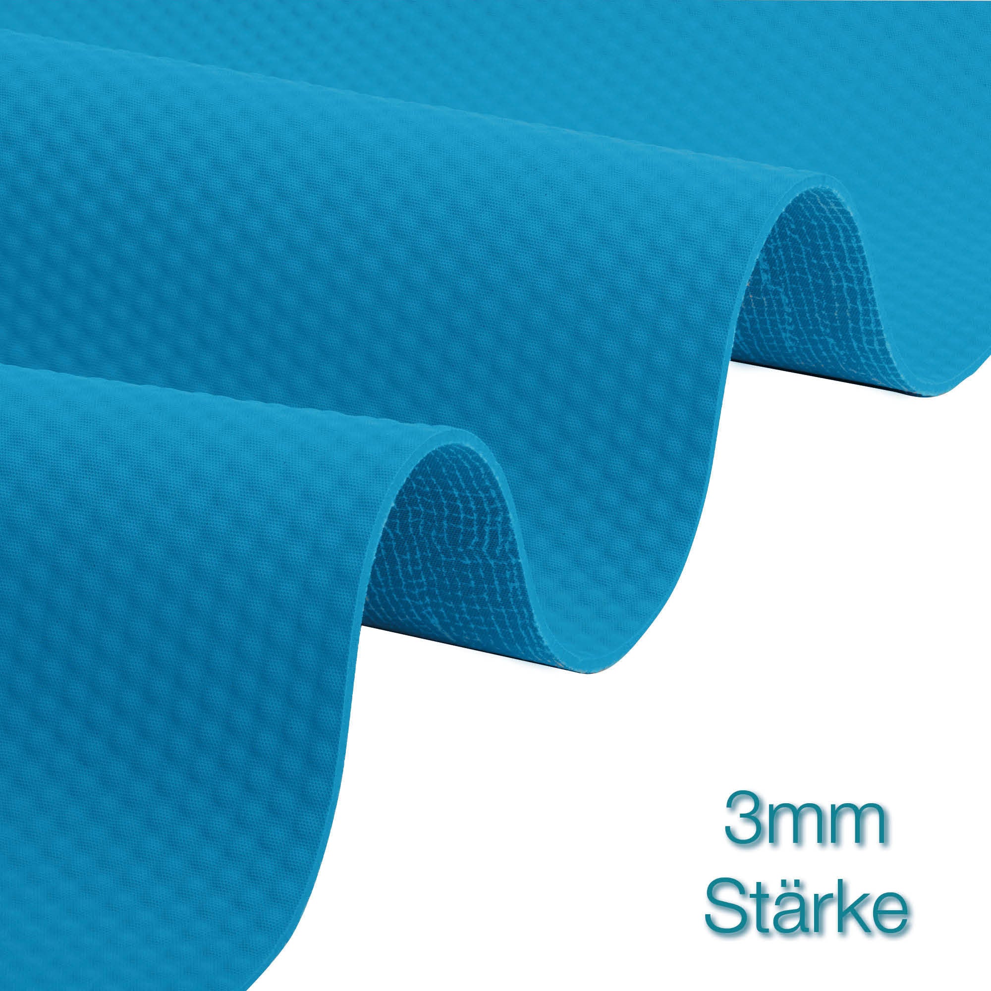 Nahaufnahme einer blauen, strukturierten Matte mit gewellten Falten. In der unteren rechten Ecke steht 3mm Stärke, was bedeutet, dass die Matte 3 Millimeter dick ist.