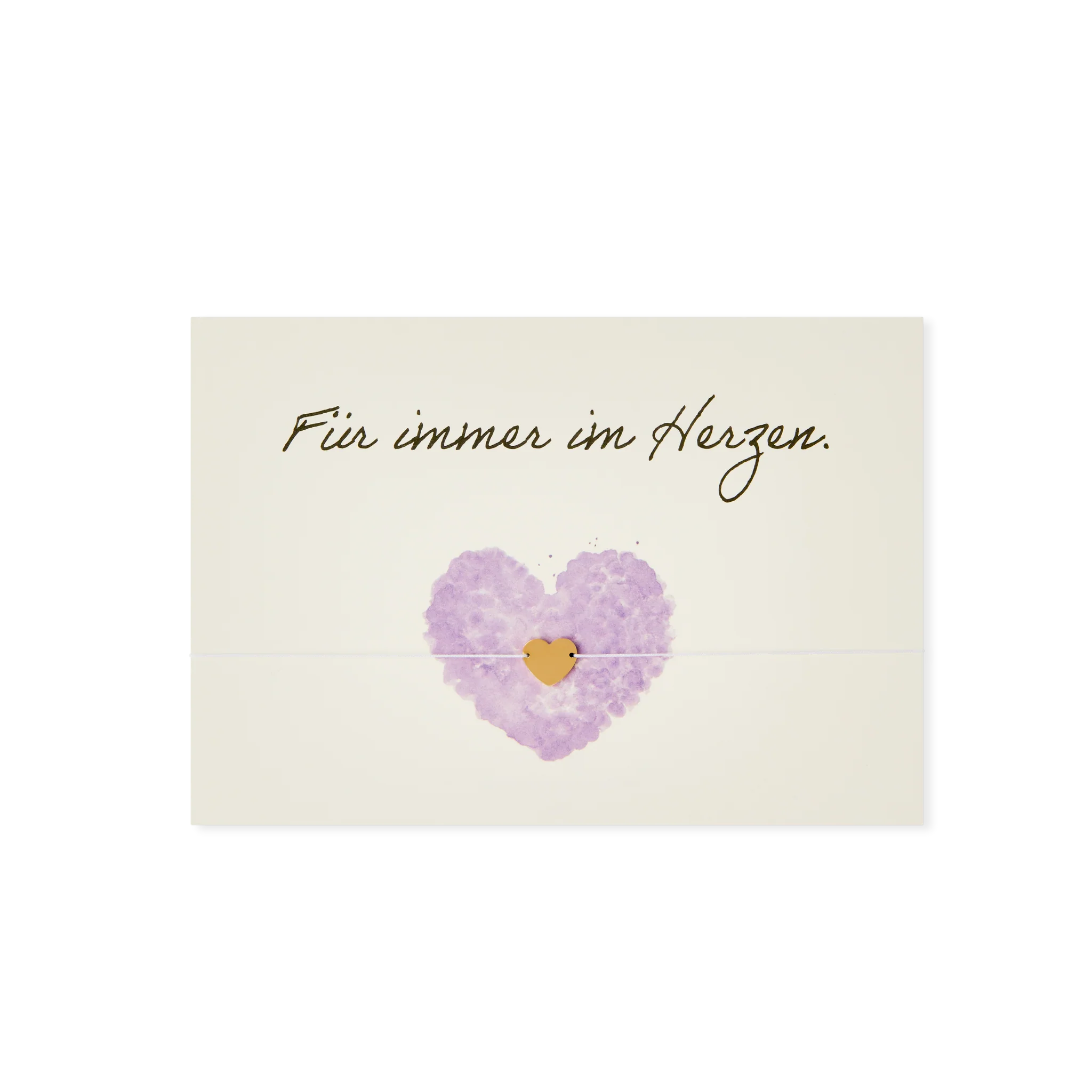 Karte mit der Aufschrift "Für immer im Herzen" und einem lila Herz mit einem kleinen goldenen Herz in der Mitte.