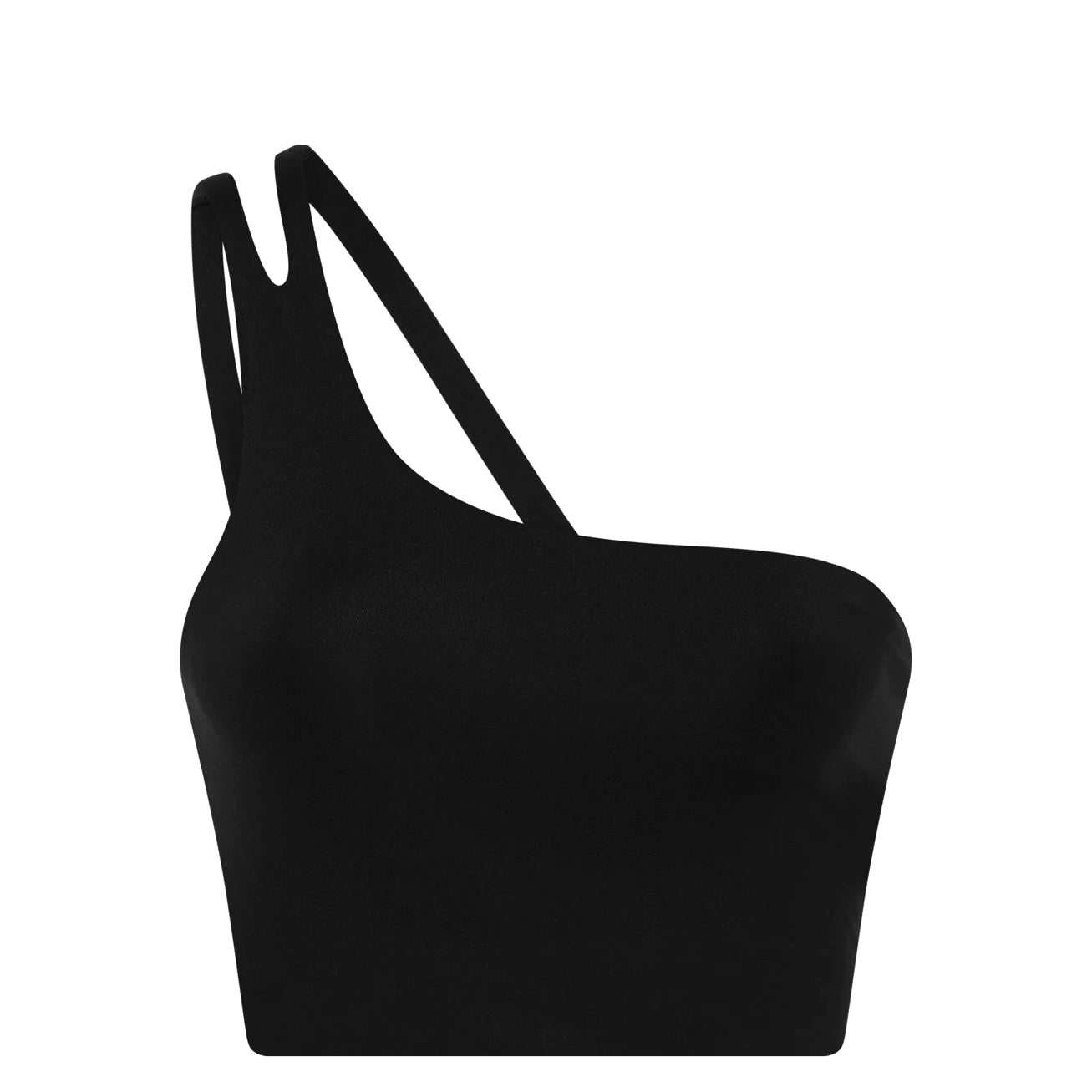 Ein schwarzes, asymmetrisches Crop-Top mit einem dicken Schulterriemen und einem dünnen Riemen auf der gegenüberliegenden Seite, was einen modernen, stilvollen Look ergibt. Der Stoff wirkt glatt und tailliert.
