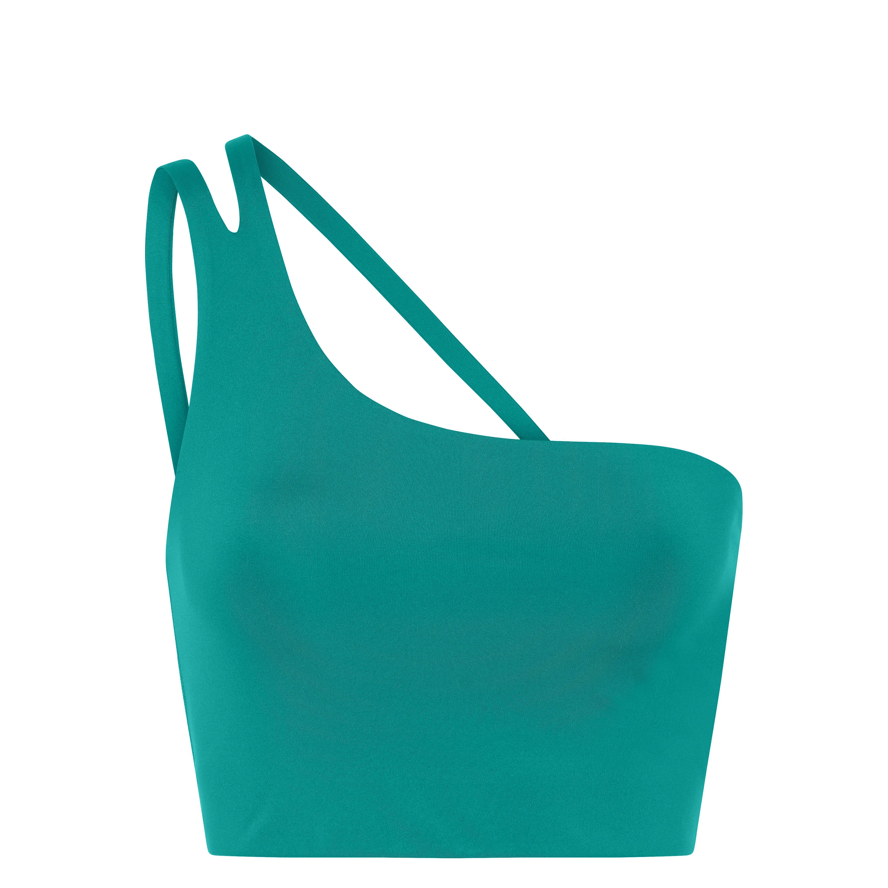 Tealfarbenes Crop-Top mit asymmetrischem One-Shoulder-Design, mit einem breiten und einem schmalen diagonalen Träger.