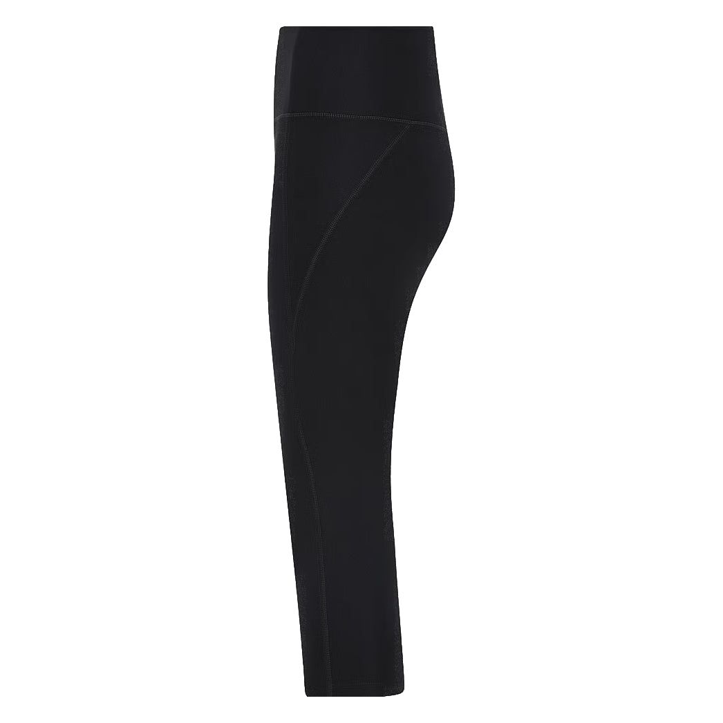 Seitenansicht einer einfarbigen schwarzen Leggings mit hohem Bund, dargestellt auf weißem Hintergrund.