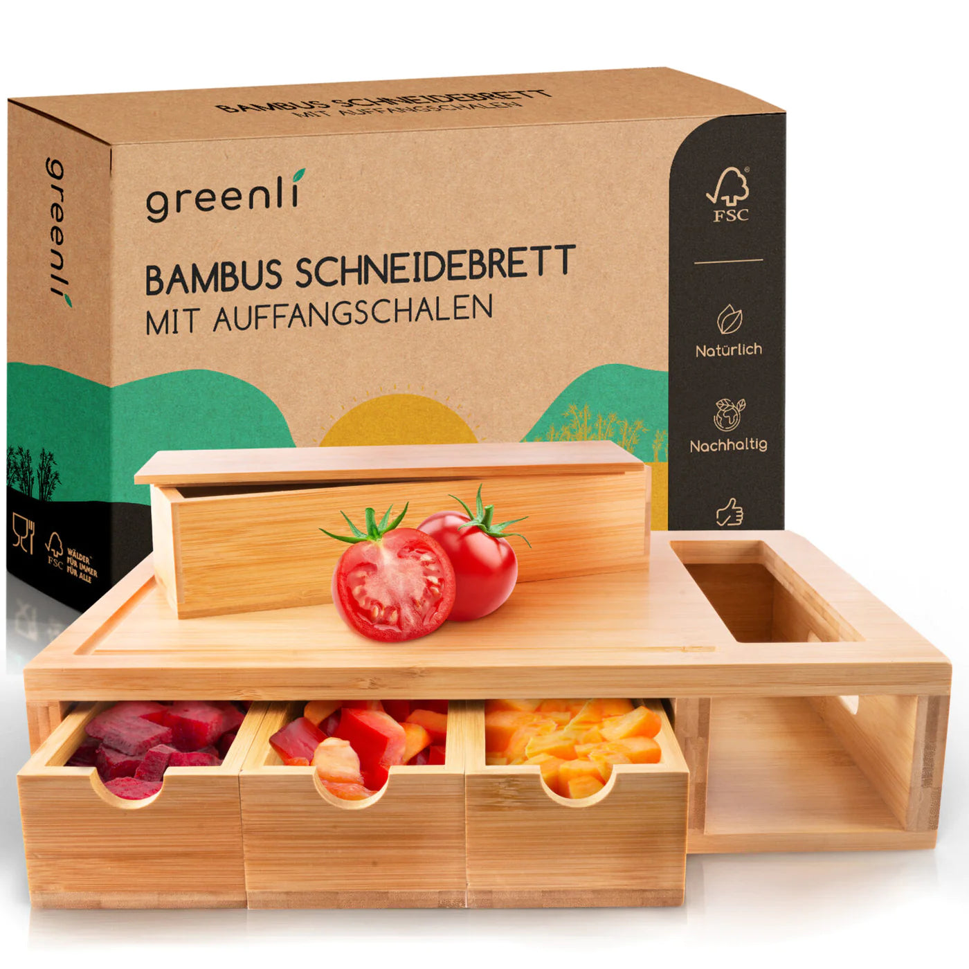 greenli "Bambus Schneidebrett" mit Auffangschalen - Dritte Wahl