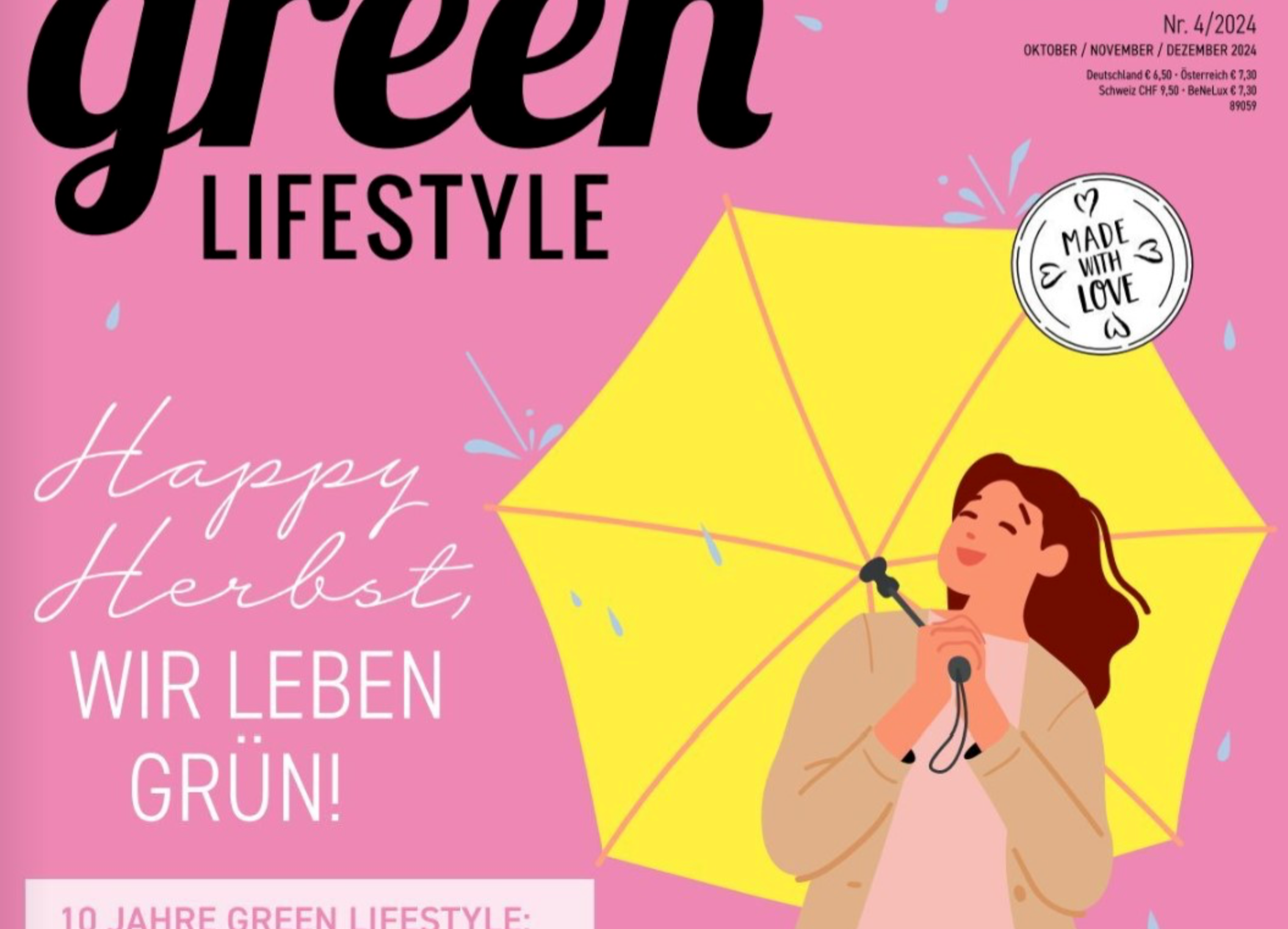 Illustration einer Frau mit gelbem Regenschirm vor rosa Hintergrund und Schriftzug "Happy Herbst, wir leben grün!".