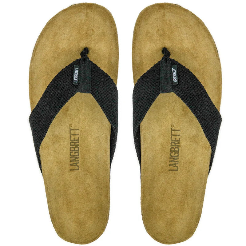 Ein Paar braune Flip-Flops mit schwarzen Riemen, von oben fotografiert, mit dem Logo "LANGBRETT" auf der Innensohle.