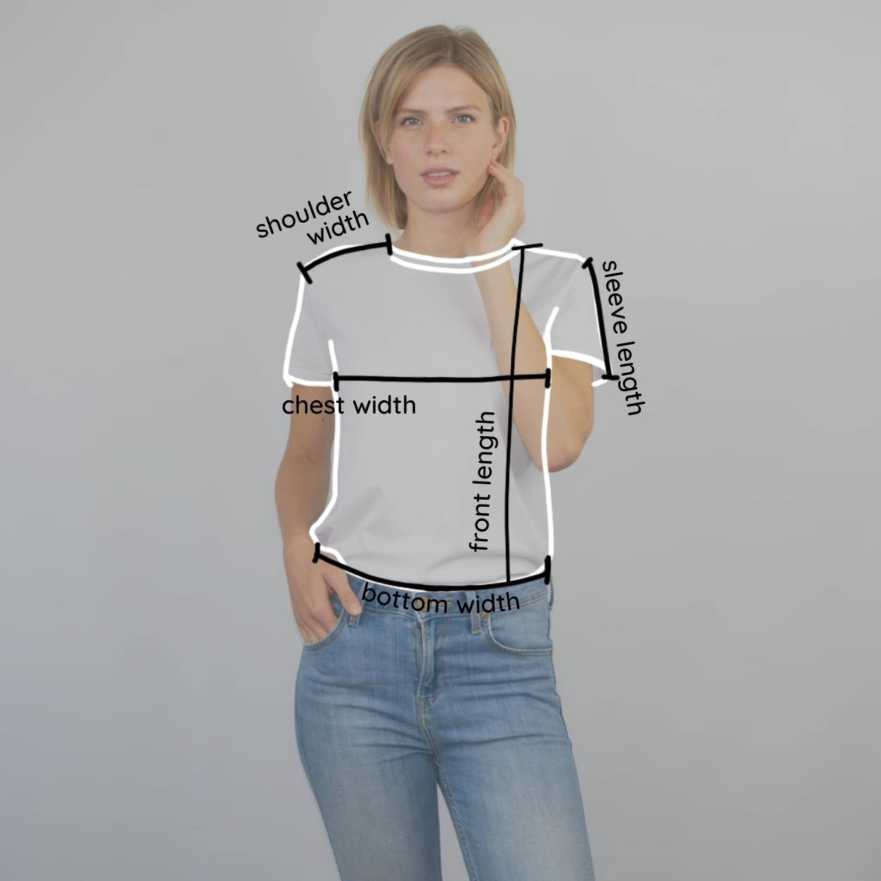 Eine Frau in einem weißen T-Shirt und Jeans steht vor einem grauen Hintergrund. Weiße Linien und Etiketten geben die Maße an: Schulterbreite, Brustbreite, Vorderlänge, Bodenbreite und Ärmellänge.