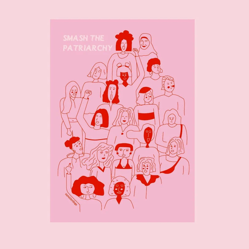 Illustration verschiedener Frauen in roten und rosafarbenen Umrissen mit verschiedenen Ausdrücken und Posen, einige erheben die Fäuste. Der Text oben links lautet SMASH THE PATRIARCHY auf rosa Hintergrund.