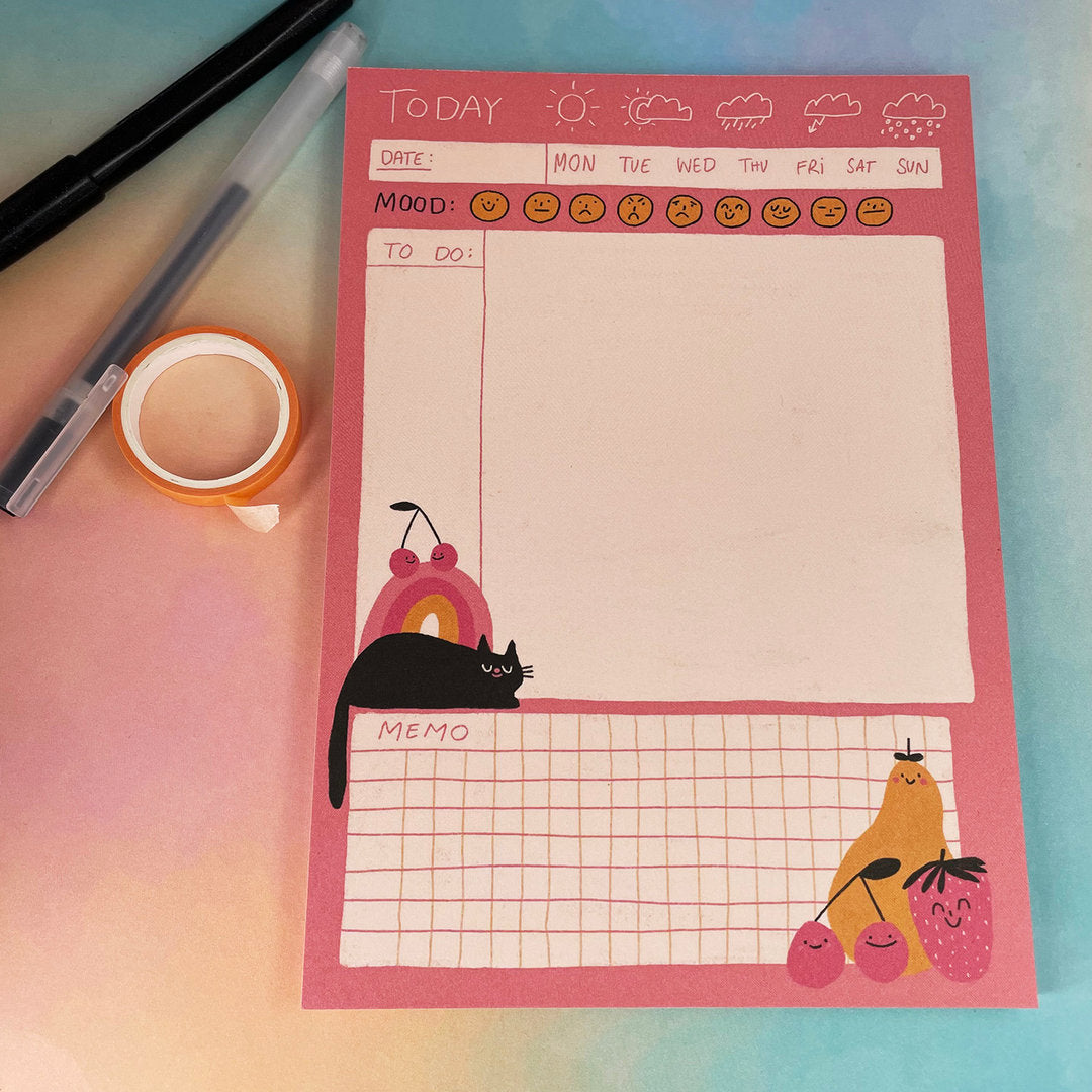Rosa Notizblock mit wetter- und stimmungsbezogenen Symbolen, To-Do-Liste, Memo und Tier-Illustrationen auf Regenbogen.
