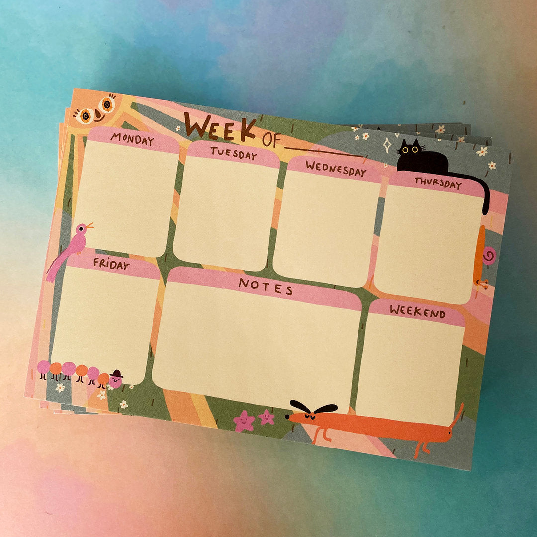 Bunter Wochenplaner mit leeren Feldern für Montag bis Freitag, Notizen, Wochenende und Illustrationen von Tieren.
