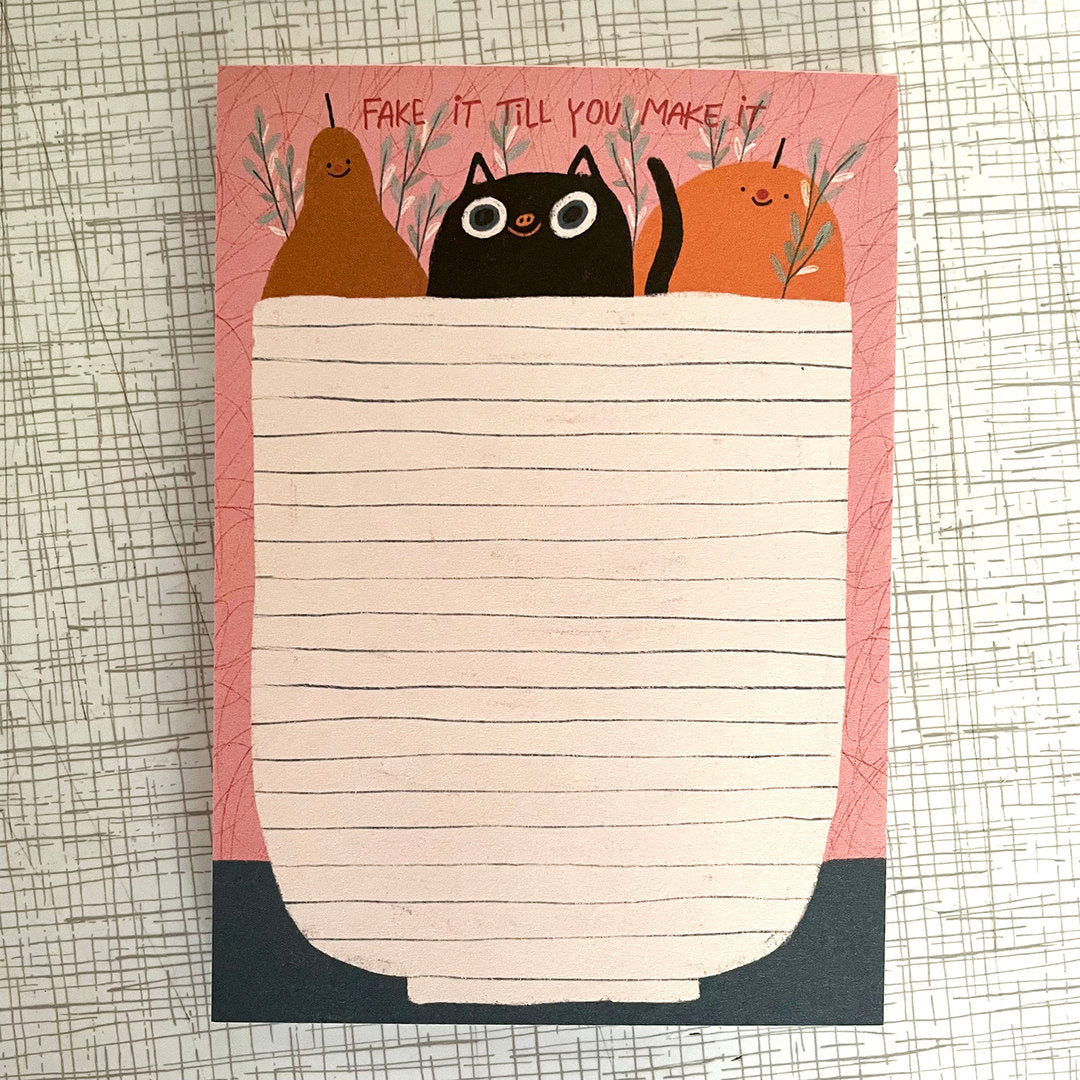 Illustration von zwei Birnen und einer schwarzen Katze in einem weißen Gefäß. Der Text lautet: "Fake it till you make it".