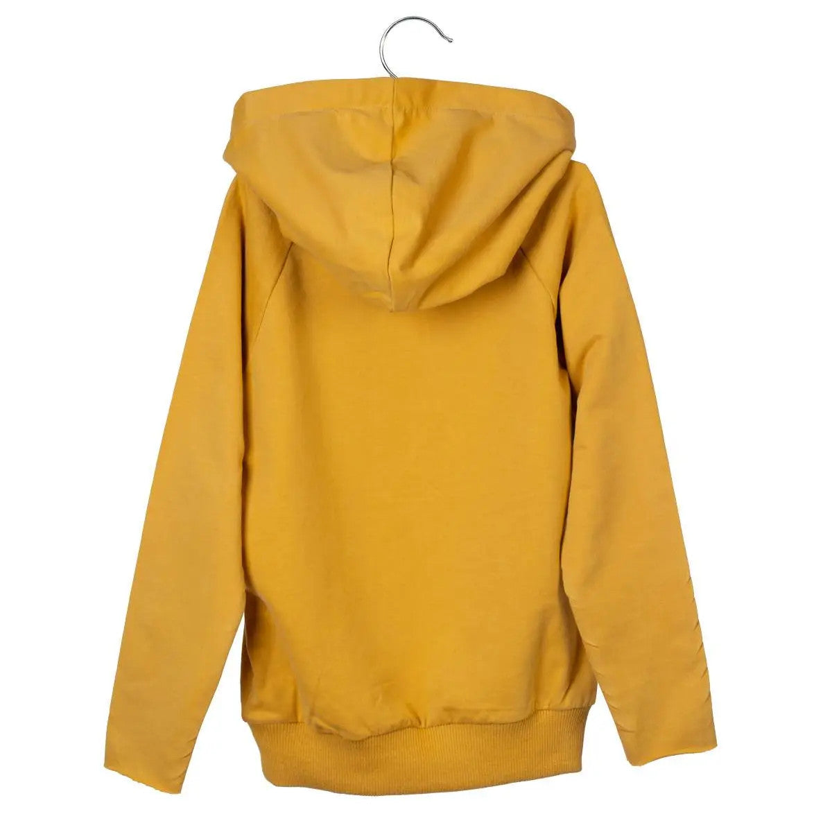 Ein gelbes Kapuzensweatshirt wird auf einem Kleiderbügel ausgestellt und von hinten gezeigt, so dass die Kapuze und die langen Ärmel zu sehen sind.