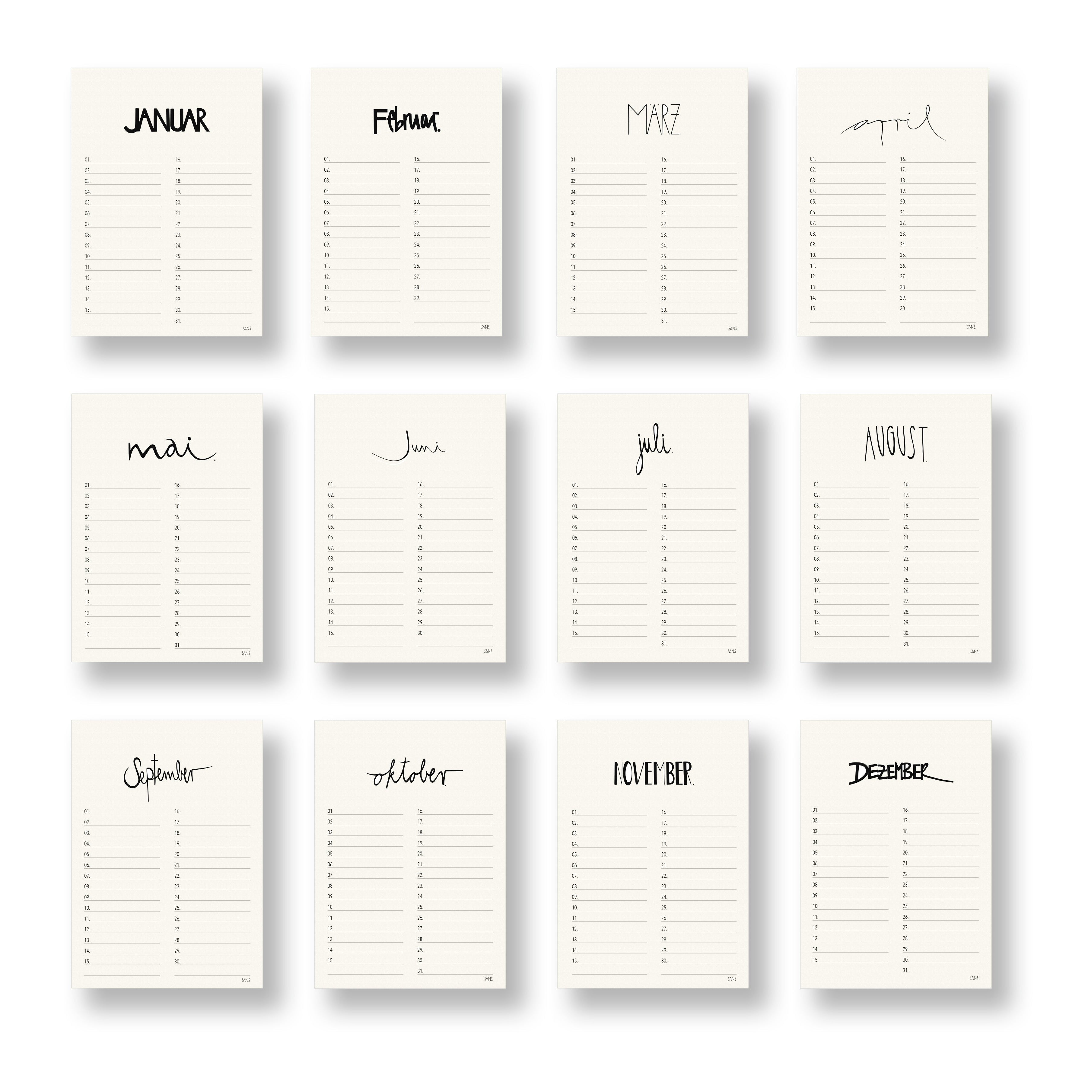 Zwölf minimalistische Monatsplanerbögen sind in einem Raster angeordnet, jeder mit einem Monatsnamen in deutscher Sprache in einzigartiger Handschrift beschriftet. Die Blätter haben leere Zeilen für Notizen oder Planung.