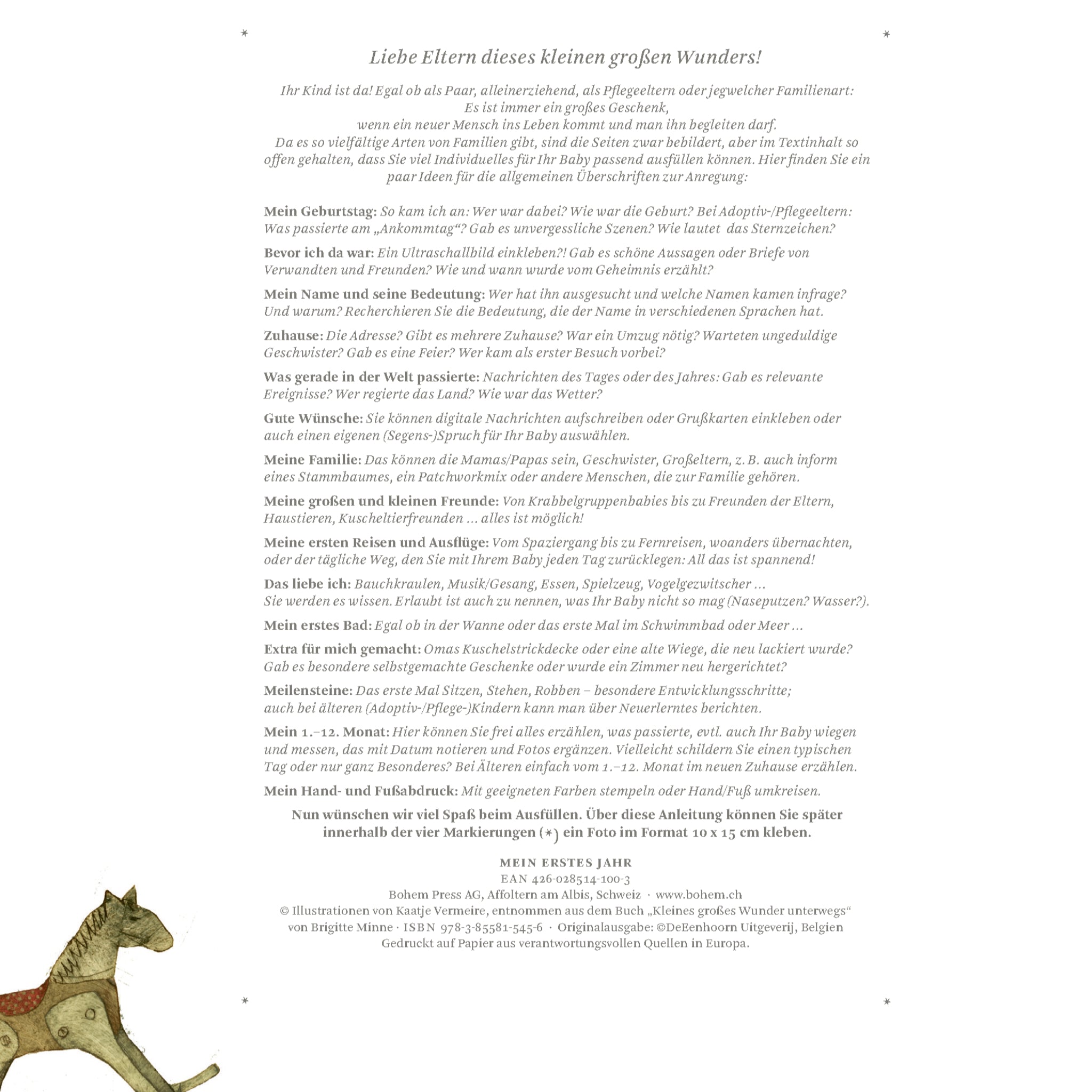 Eine illustrierte Geburtsanzeige in deutscher Sprache mit einem dekorativen Pferd unten links. Der Text, umrahmt von kleinen grünen Blumensymbolen, enthält die Geburtsdaten des Babys und spielerische Informationen für die Eltern. Das Design ist klar und minimalistisch.