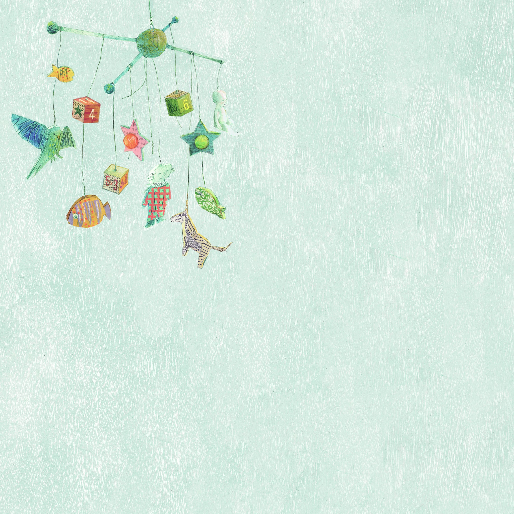 Eine pastellfarbene Illustration eines Baby-Mobiles, das in der oberen linken Ecke aufgehängt ist, mit bunten Meerestieren, einem Vogel, Sternen und nummerierten Blöcken vor einem hellgrünem, strukturiertem Hintergrund.