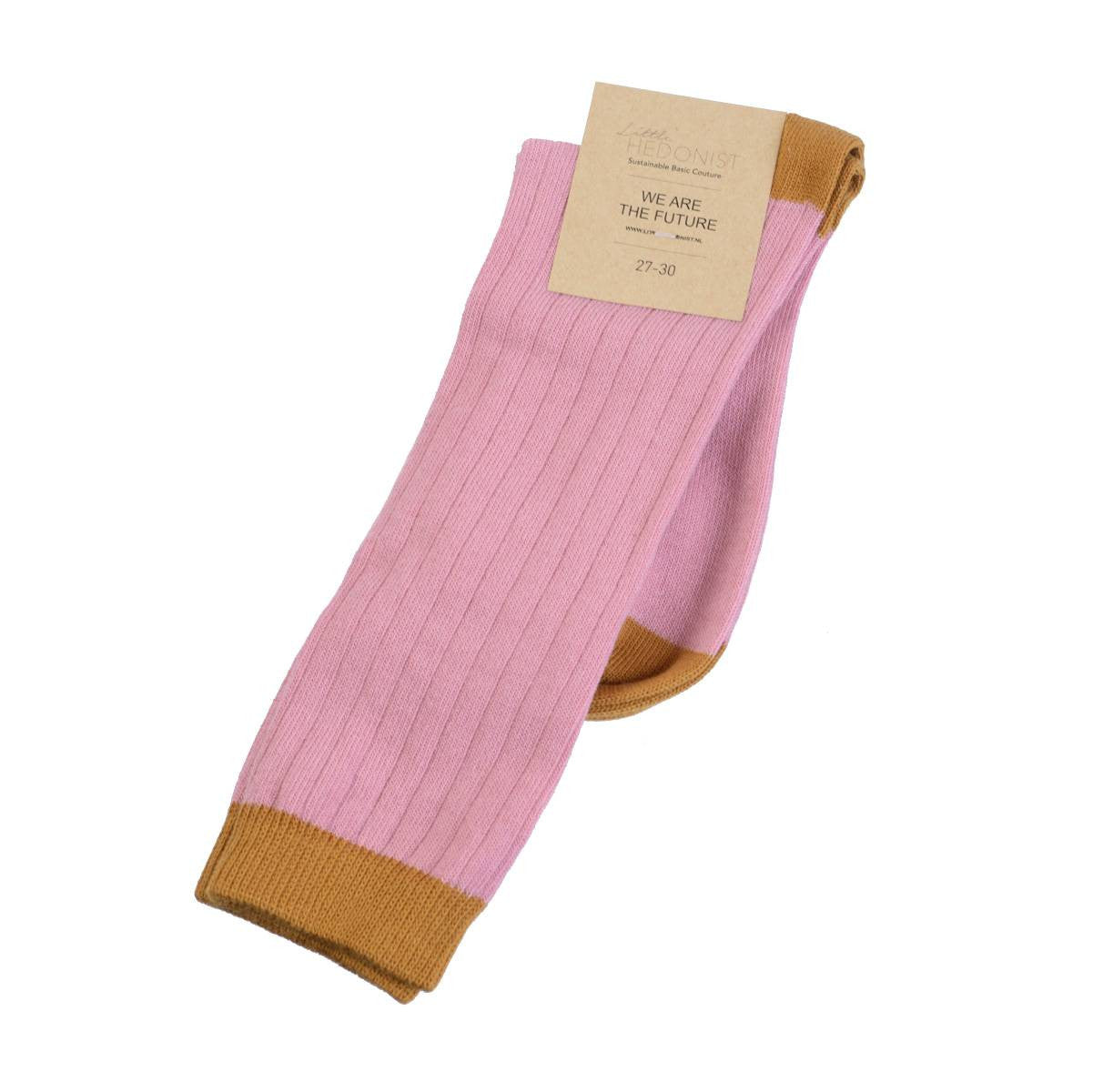 Ein Paar gerippte Socken mit einem rosa Körper und braunen Bündchen, Fersen und Zehen. Ein Pappschild mit der Aufschrift WIR SIND DIE ZUKUNFT und der Angabe der Größe 27-30.