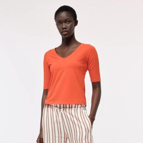 LANIUS Damen Halbarmshirt mit V-Ausschnitt 34 Mango