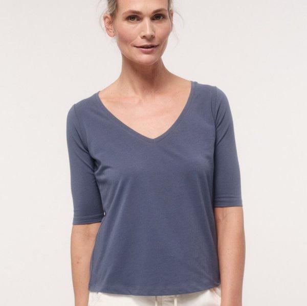 LANIUS Damen Basic T-Shirt mit V-Ausschnitt 40 Dove Blue