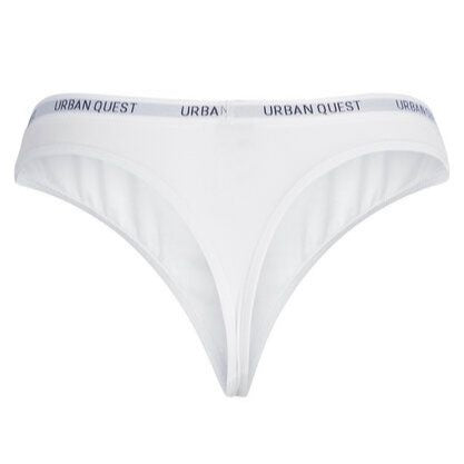 Weiße Damenunterhose mit elastischem Bund, auf dem "Urban Quest" steht.