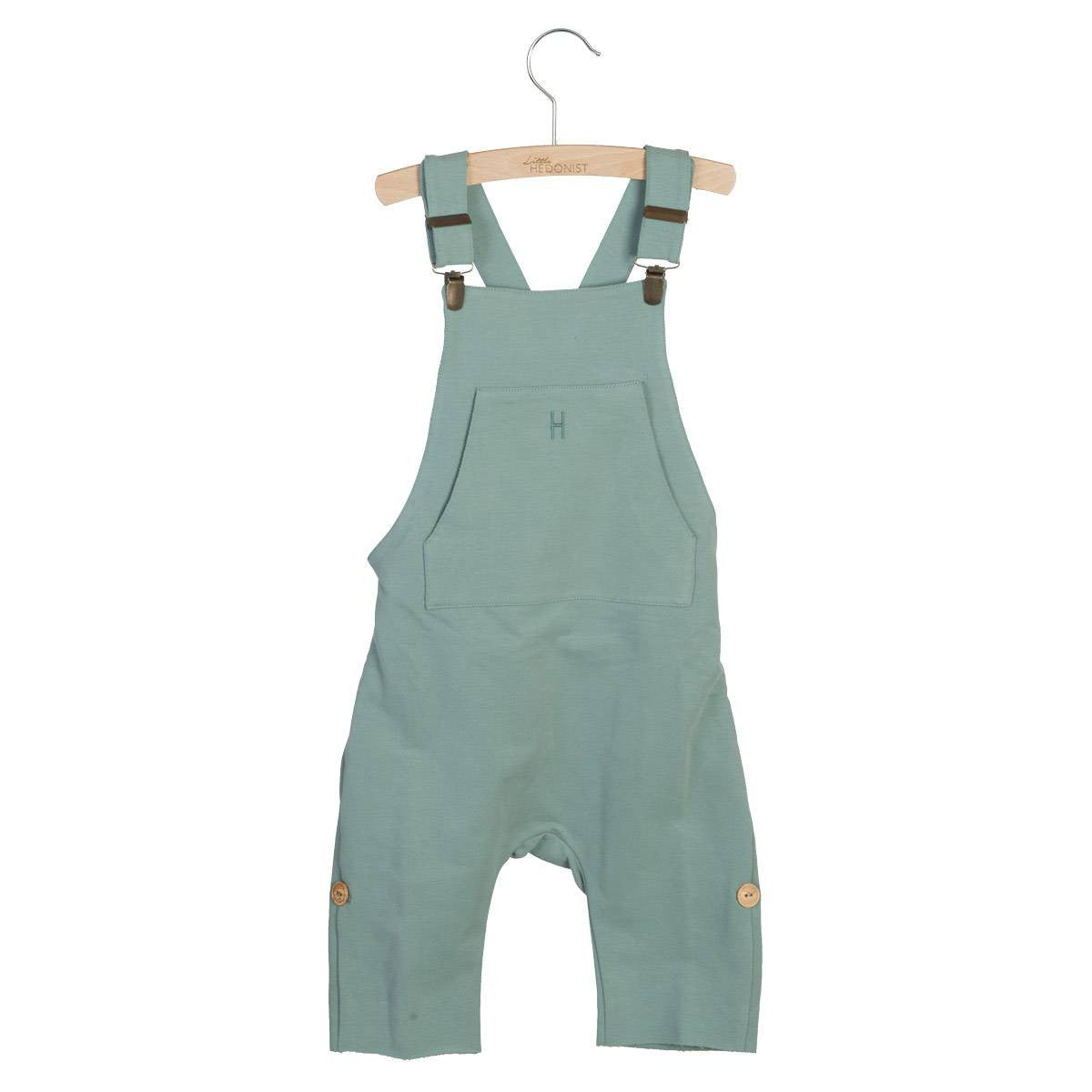 Hellgrüner Overall für Kleinkinder mit verstellbaren Schulterträgern, einer Brusttasche vorne und Holzknöpfen an den Seiten. Der Overall wird auf einem Holzbügel vor weißem Hintergrund präsentiert.