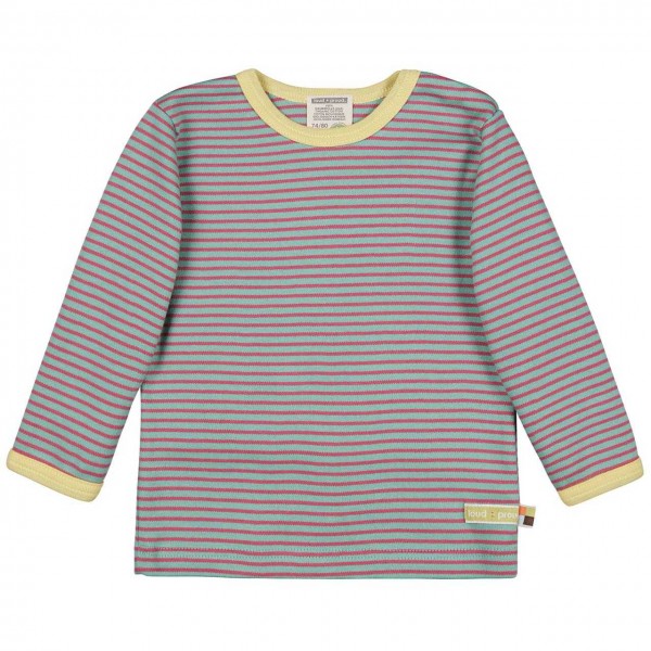 Langarmshirt mit dünnen blauen und roten Streifen, gelbem Kragen und gelben Bündchen.