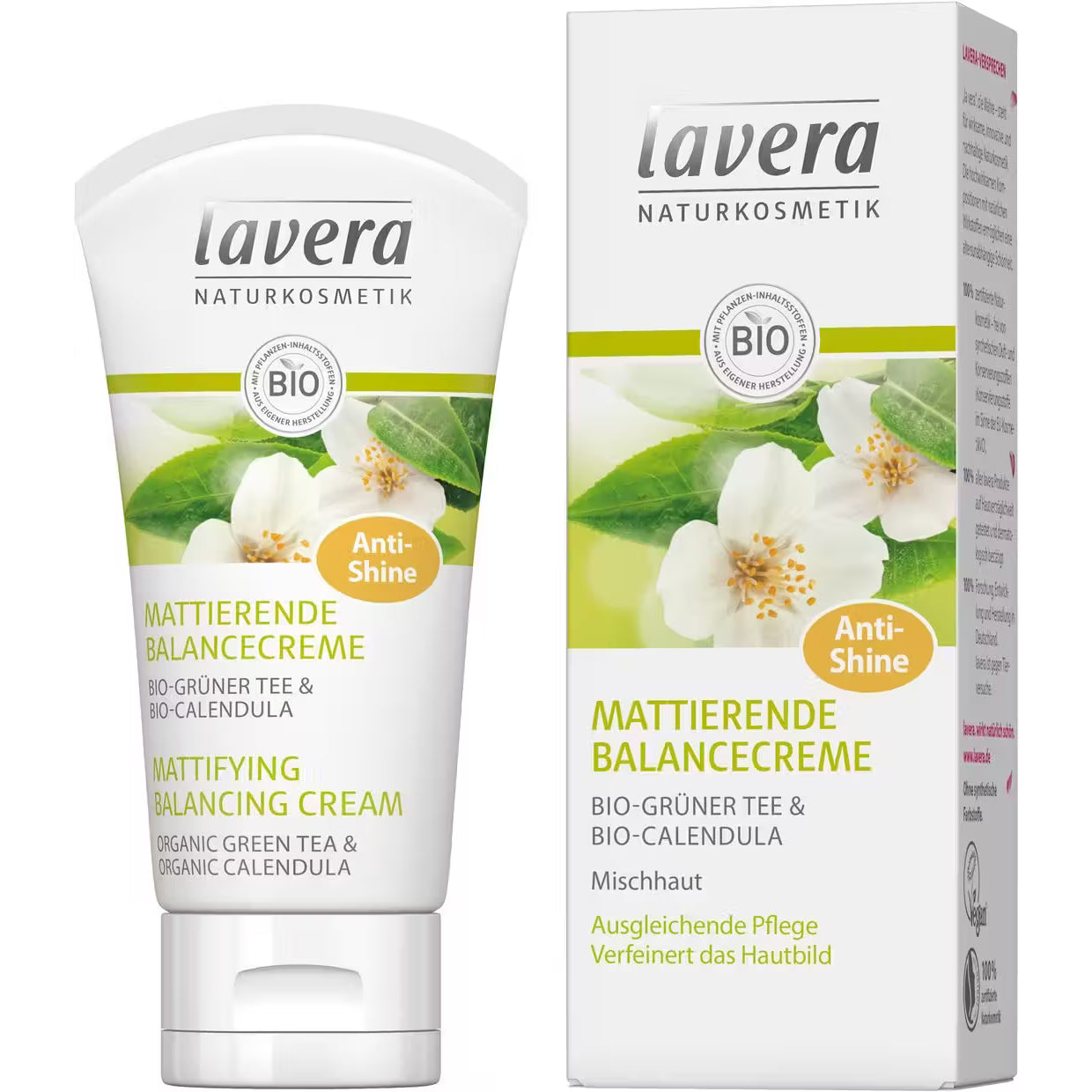 Tube und Verpackung der Lavera Mattierenden Balancecreme mit Bio-Grünem Tee und Bio-Calendula, Anti-Shine, Naturkosmetik.
