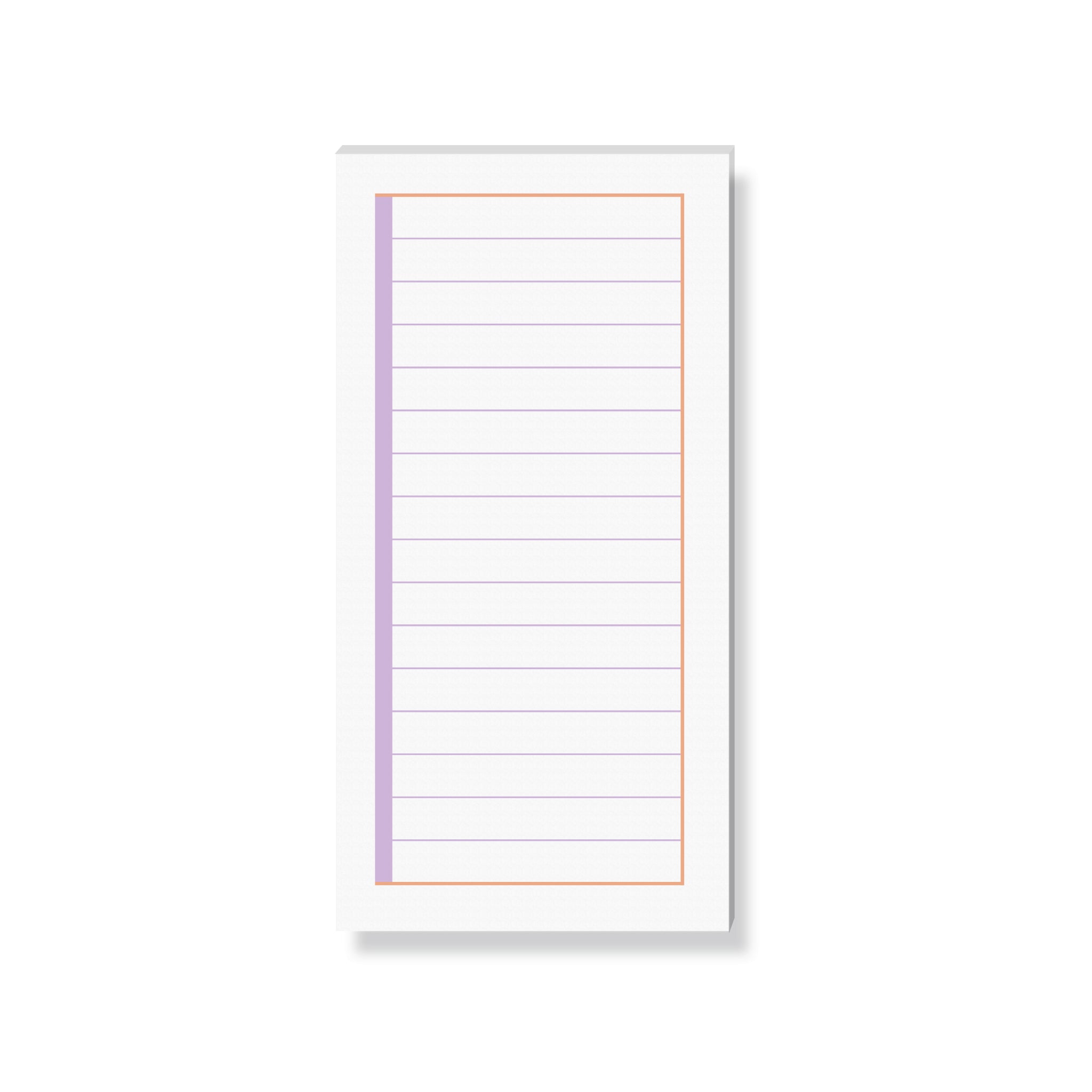 Ein leeres, liniert weißes Notizblatt mit einem lila Rand links und einem orangefarbenen Rand oben.